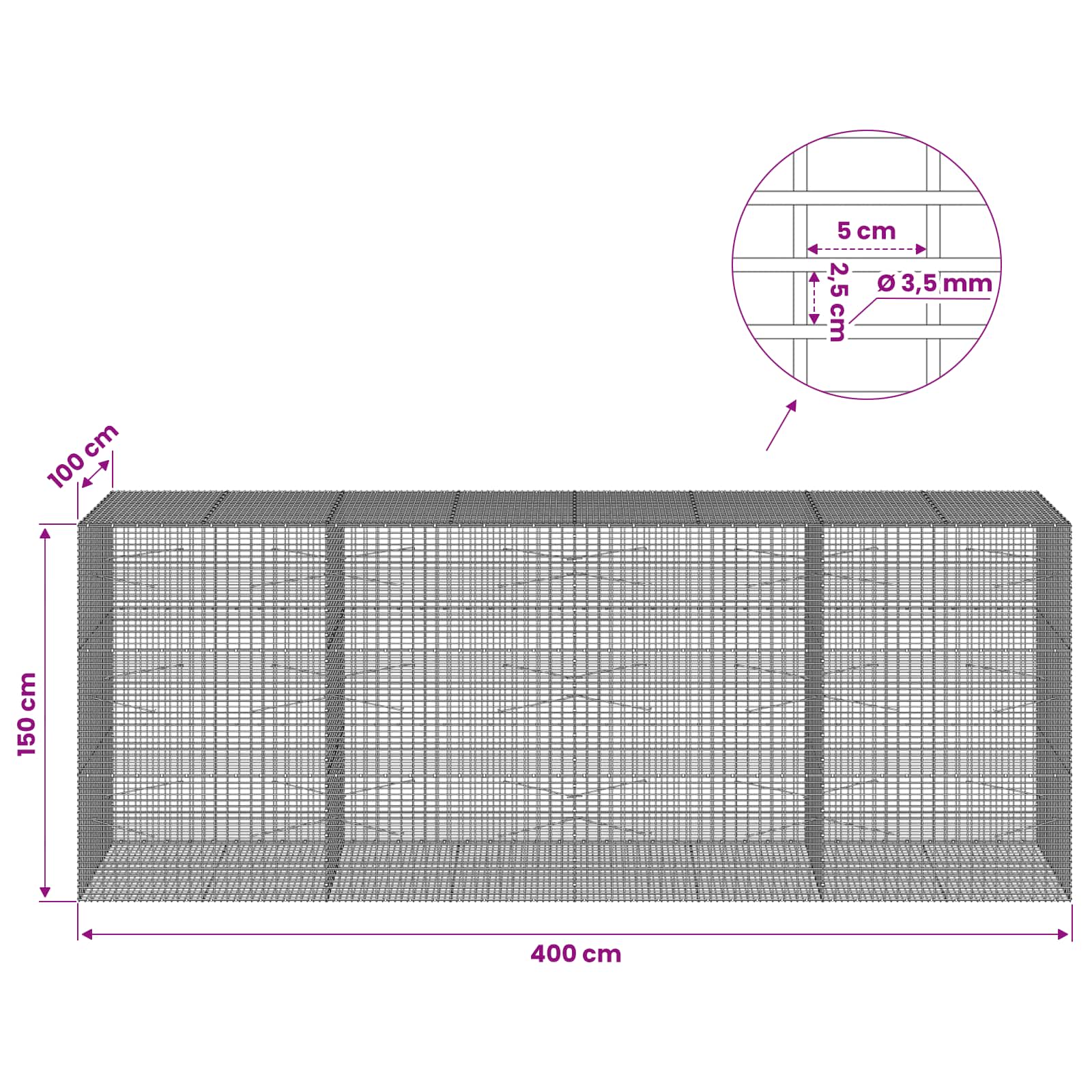 Gabion z žico 3,5 mm in mrežo 5x2,5 cm 400x100x150 cm