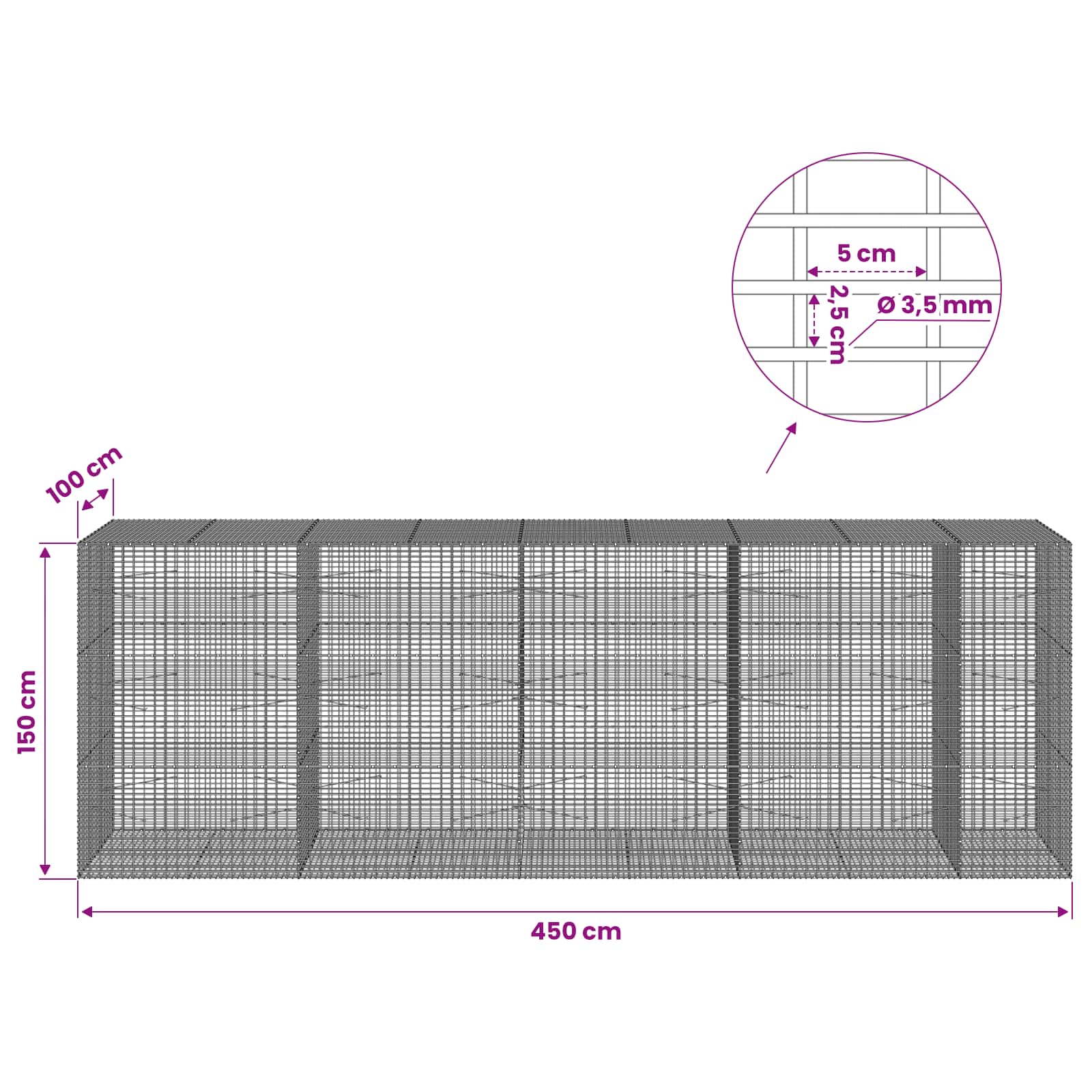 Gabion z žico 3,5 mm in mrežo 5x2,5 cm 450x100x150 cm