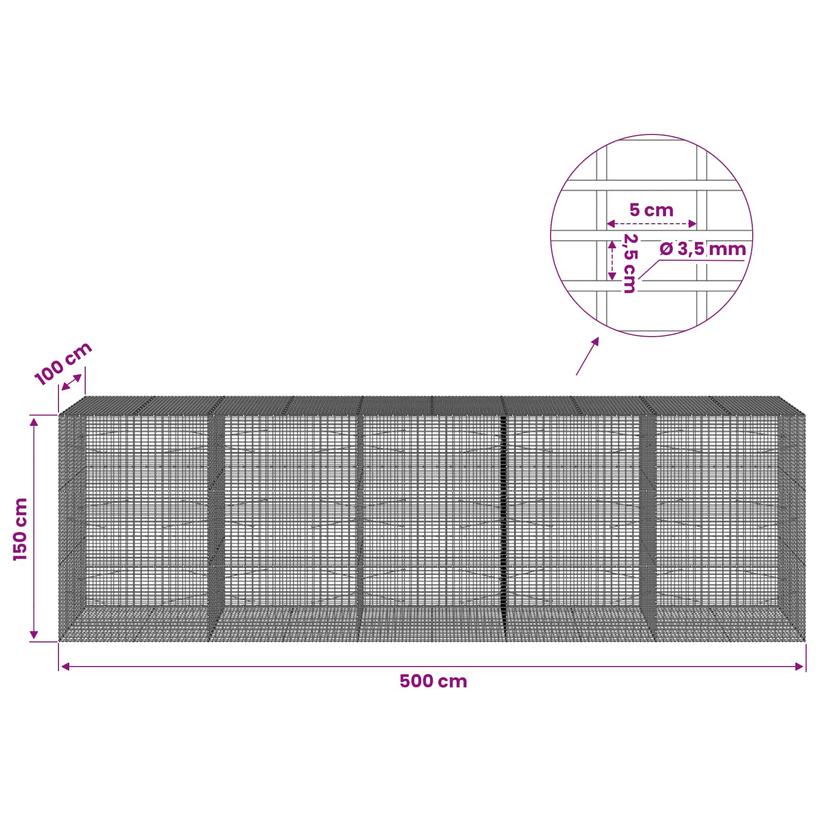 Gabion z žico 3,5 mm in mrežo 5x2,5 cm 500x100x150 cm