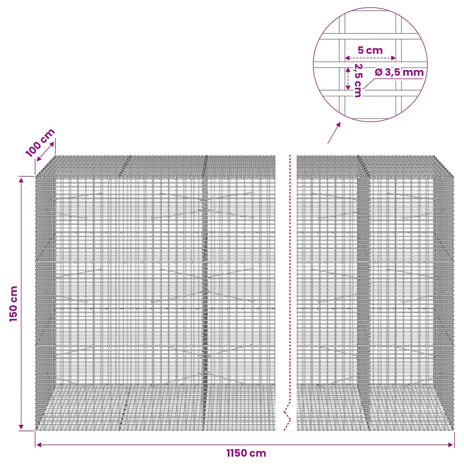 Gabion z žico 3,5 mm in mrežo 5x2,5 cm 1150x100x150 cm
