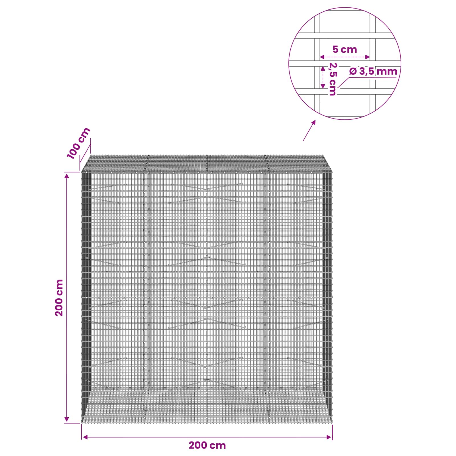 Gabion z žico 3,5 mm in mrežo 5x2,5 cm 200x100x200 cm