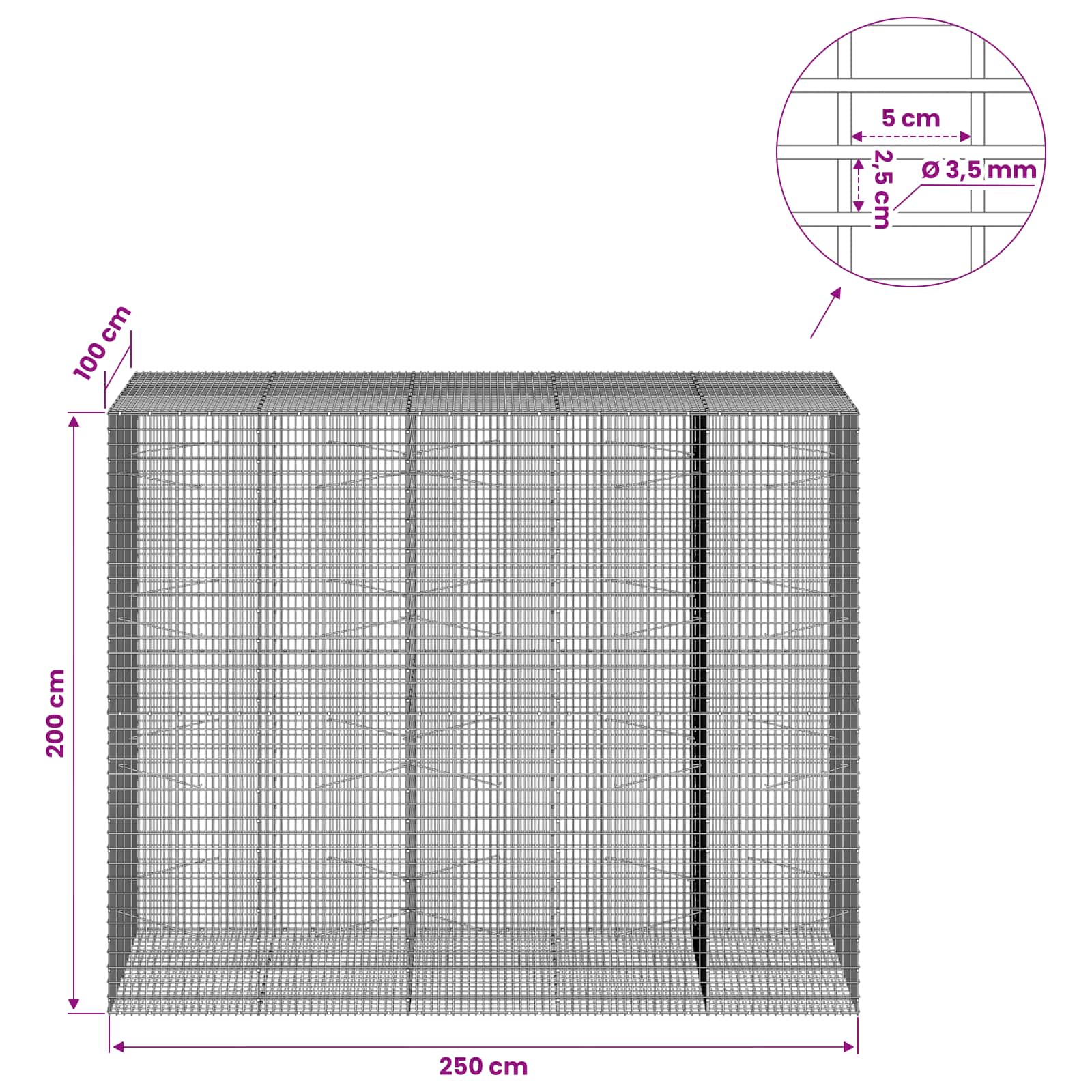 Gabion z žico 3,5 mm in mrežo 5x2,5 cm 250x100x200 cm