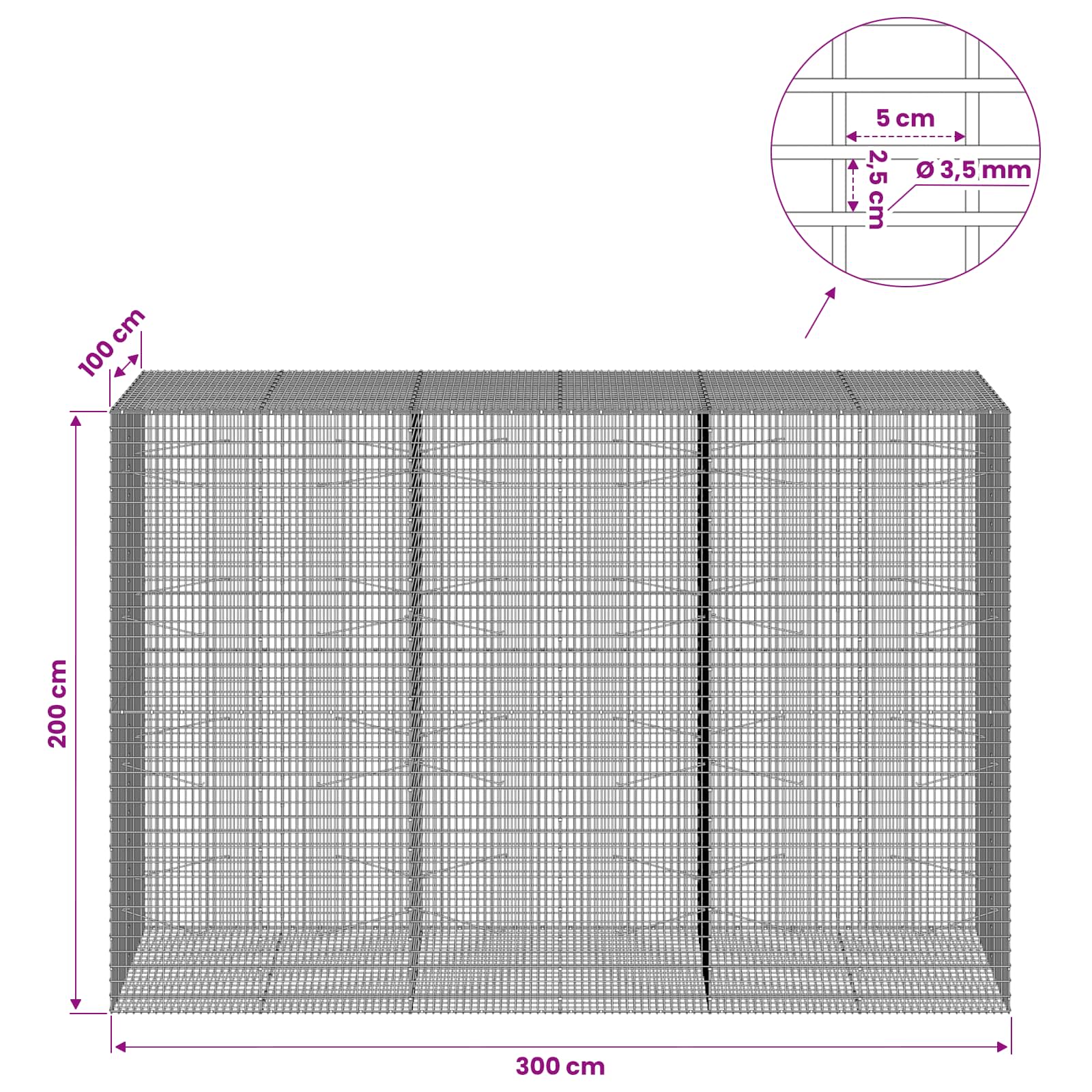 Gabion z žico 3,5 mm in mrežo 5x2,5 cm 300x100x200 cm