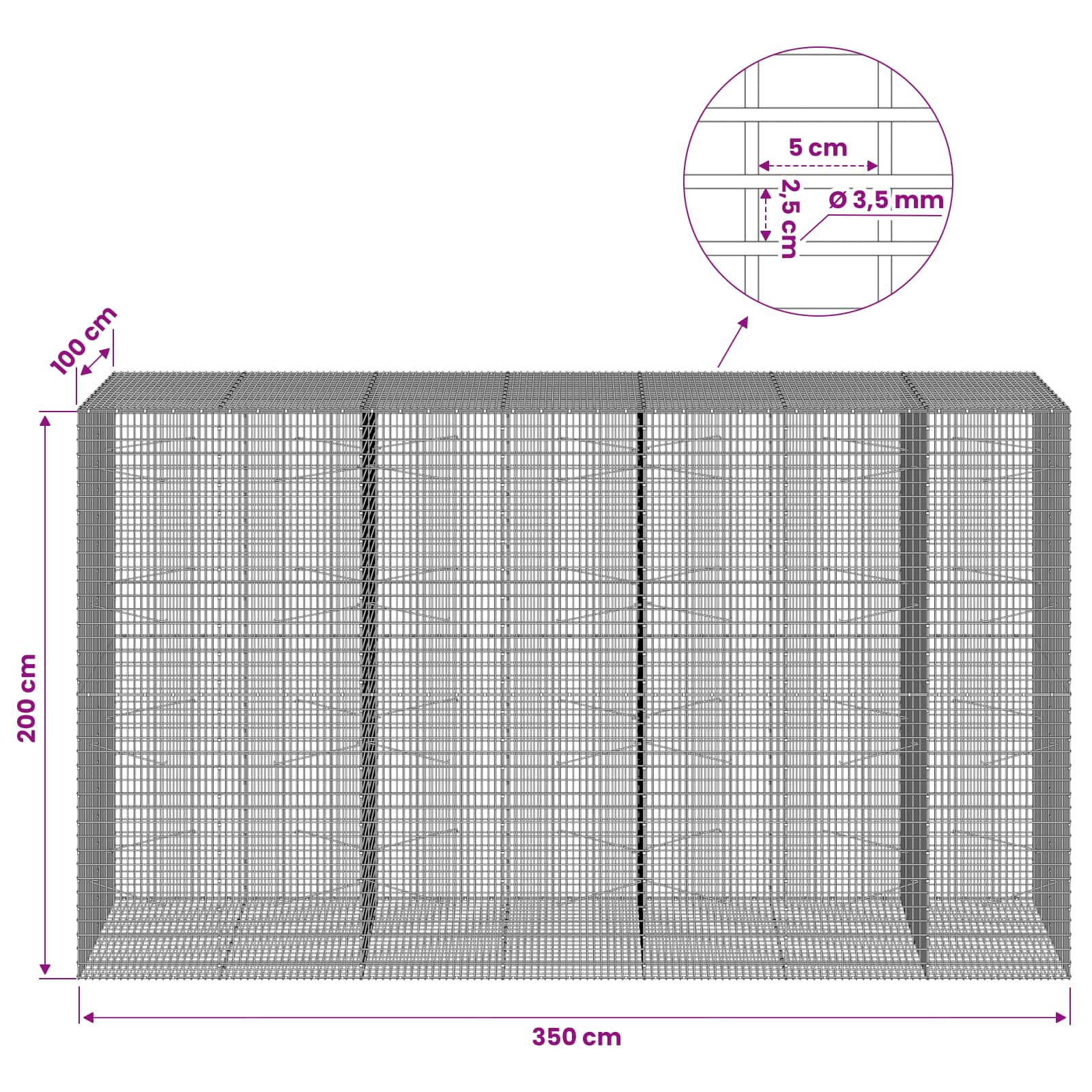 Gabion z žico 3,5 mm in mrežo 5x2,5 cm 350x100x200 cm