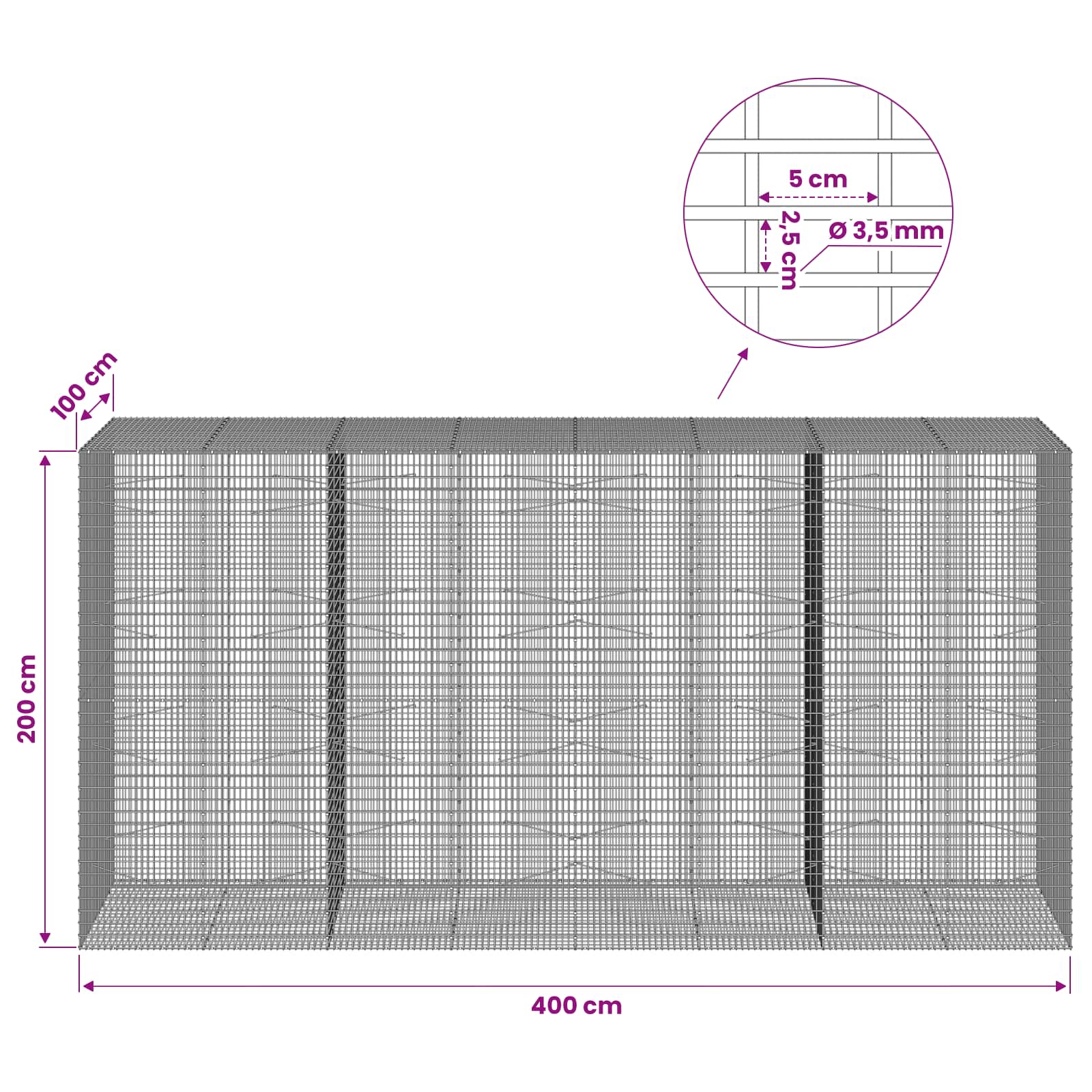 Gabion z žico 3,5 mm in mrežo 5x2,5 cm 400x100x200 cm