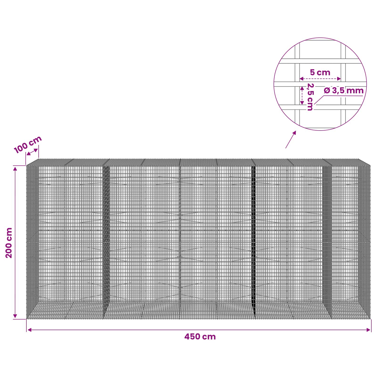 Gabion z žico 3,5 mm in mrežo 5x2,5 cm 450x100x200 cm