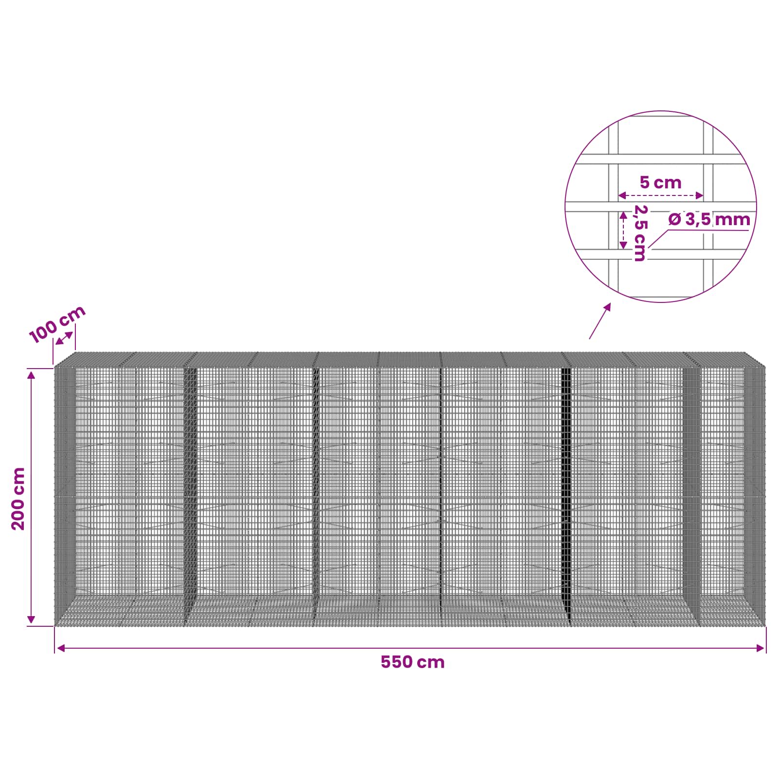 Gabion z žico 3,5 mm in mrežo 5x2,5 cm 550x100x200 cm