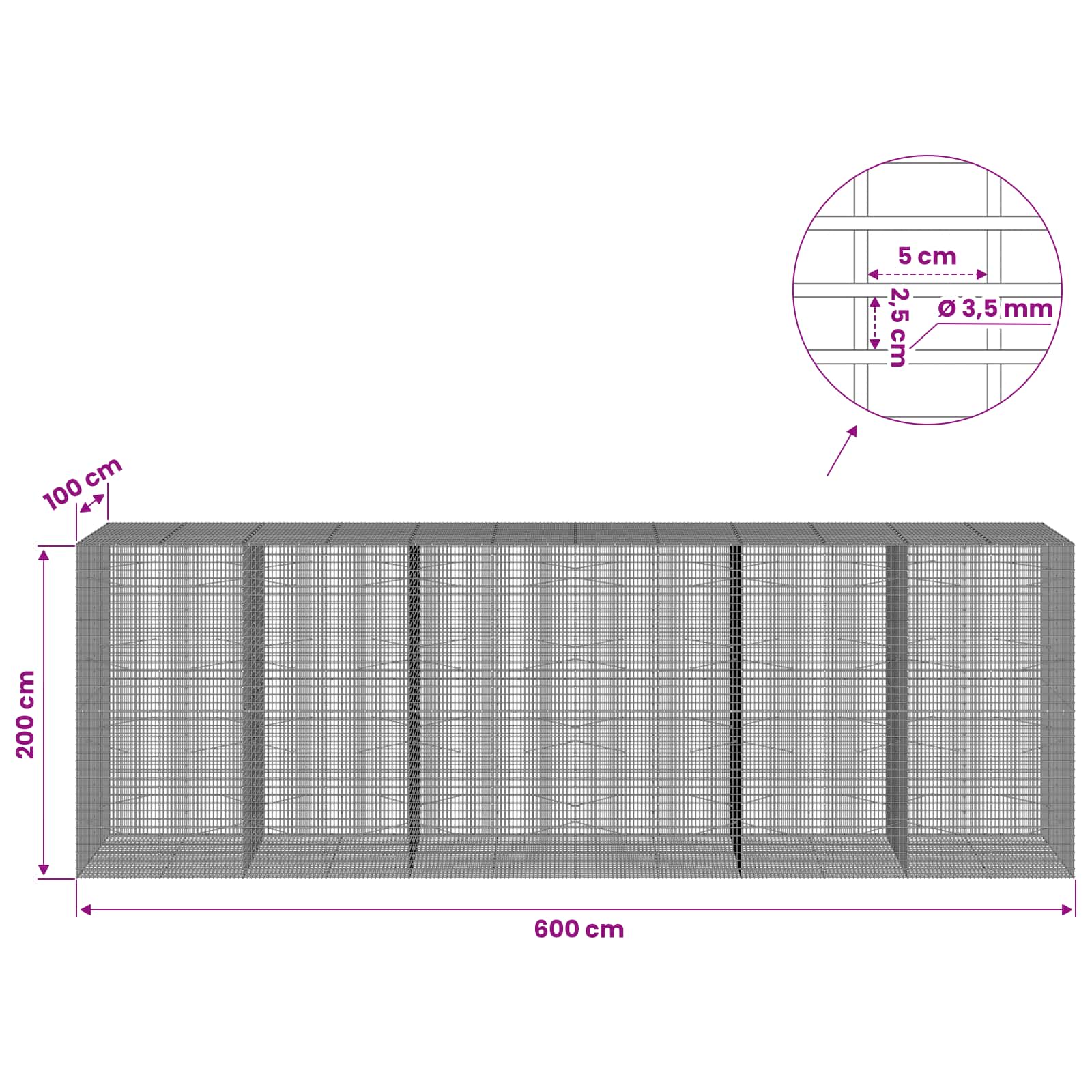 Gabion z žico 3,5 mm in mrežo 5x2,5 cm 600x100x200 cm