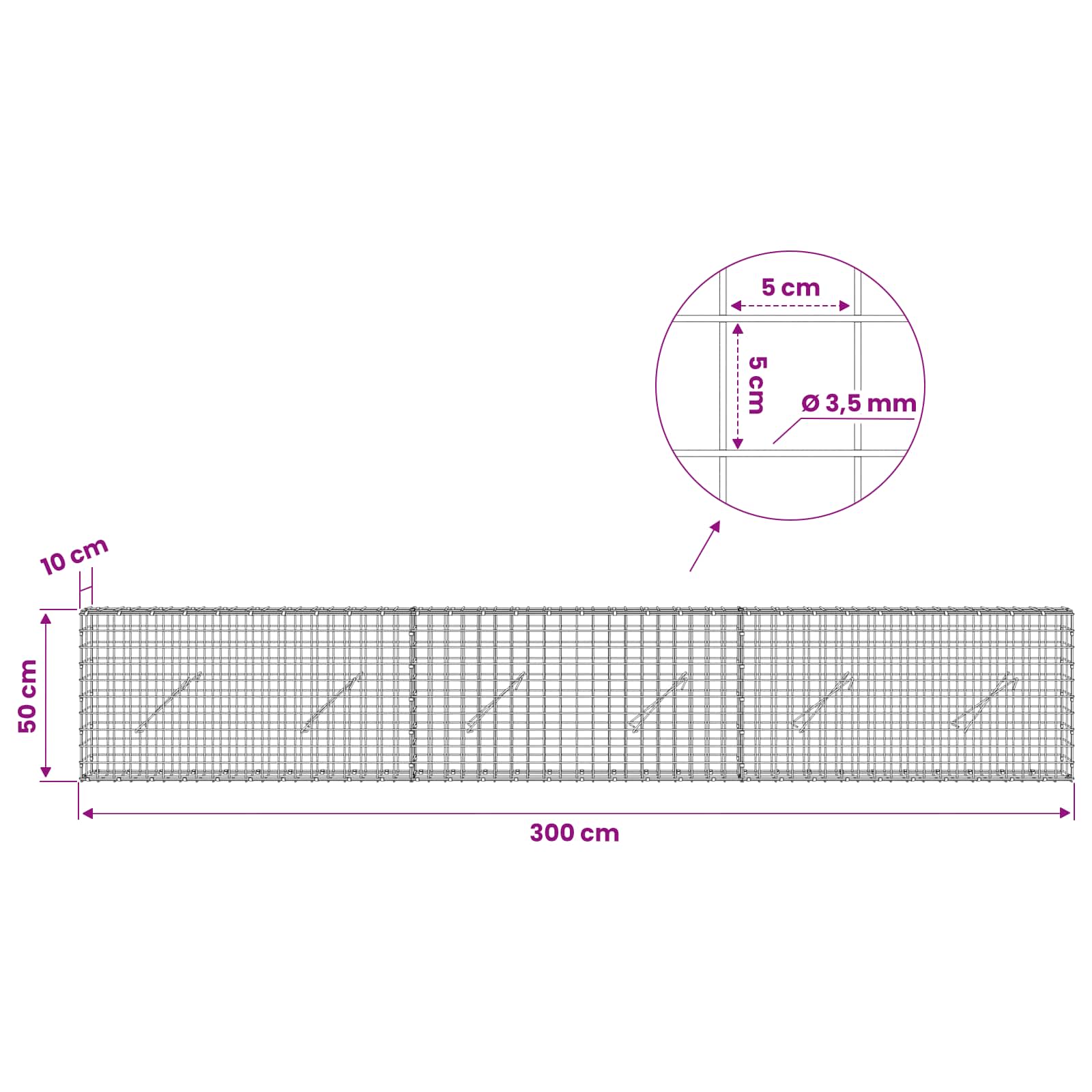 Gabion z žico 3,5 mm in mrežo 5x5 cm 300x10x50 cm