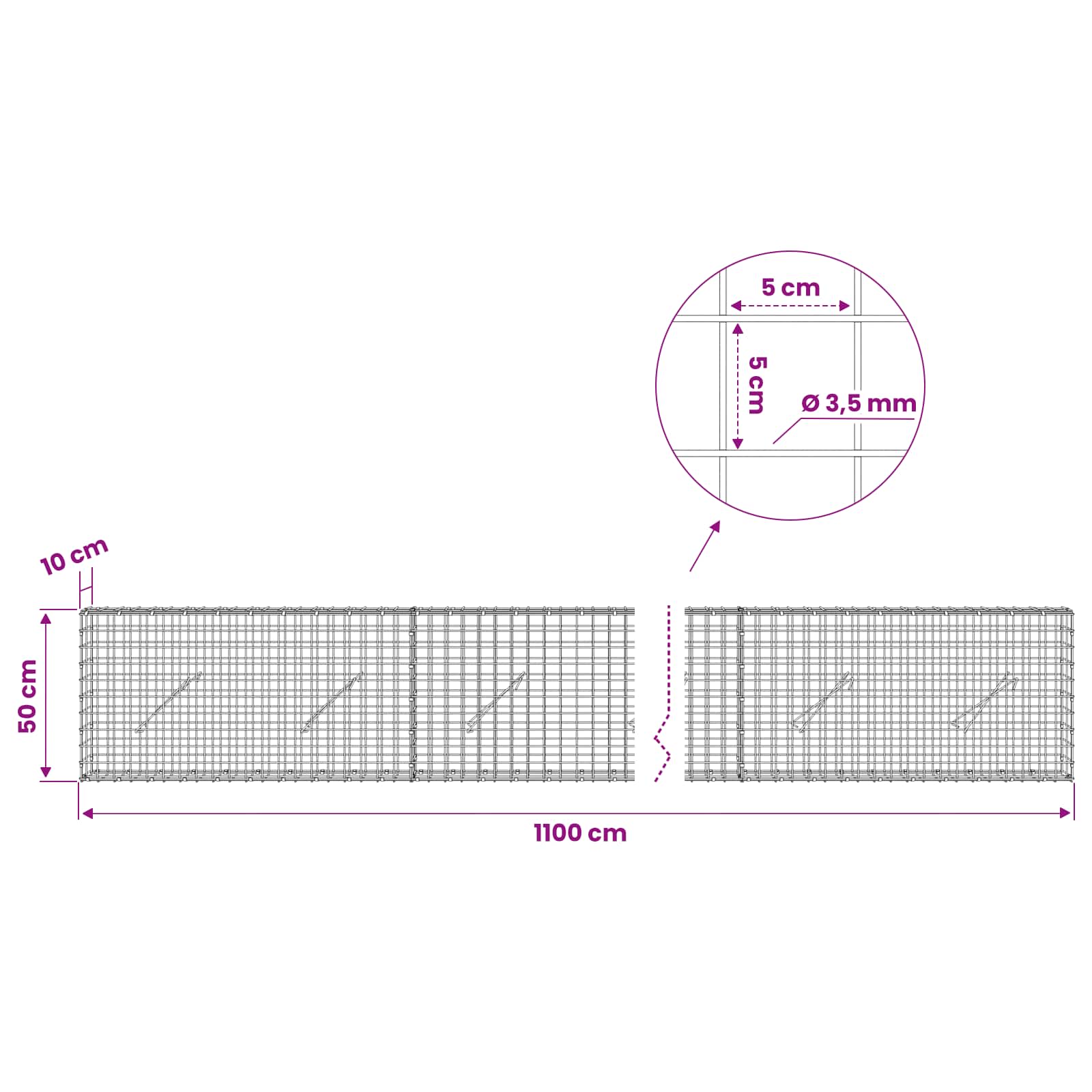 Gabion z žico 3,5 mm in mrežo 5x5 cm 1100x10x50 cm