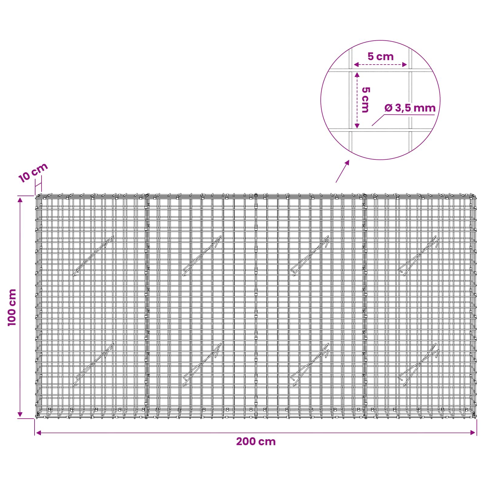 Gabion z žico 3,5 mm in mrežo 5x5 cm 200x10x100 cm