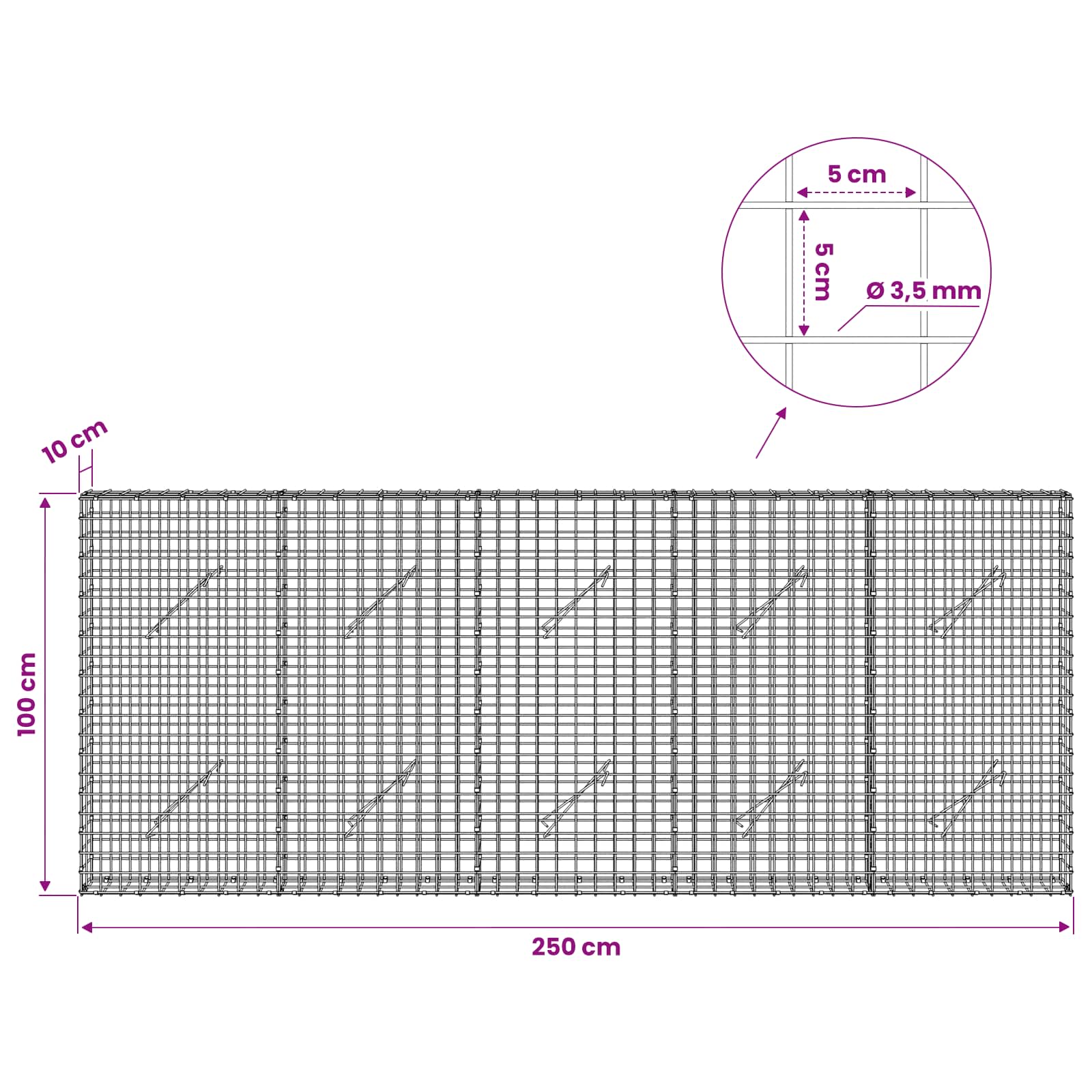 Gabion z žico 3,5 mm in mrežo 5x5 cm 250x10x100 cm