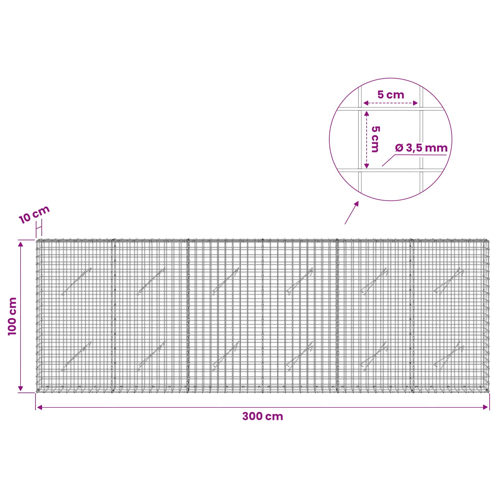 Gabion z žico 3,5 mm in mrežo 5x5 cm 300x10x100 cm