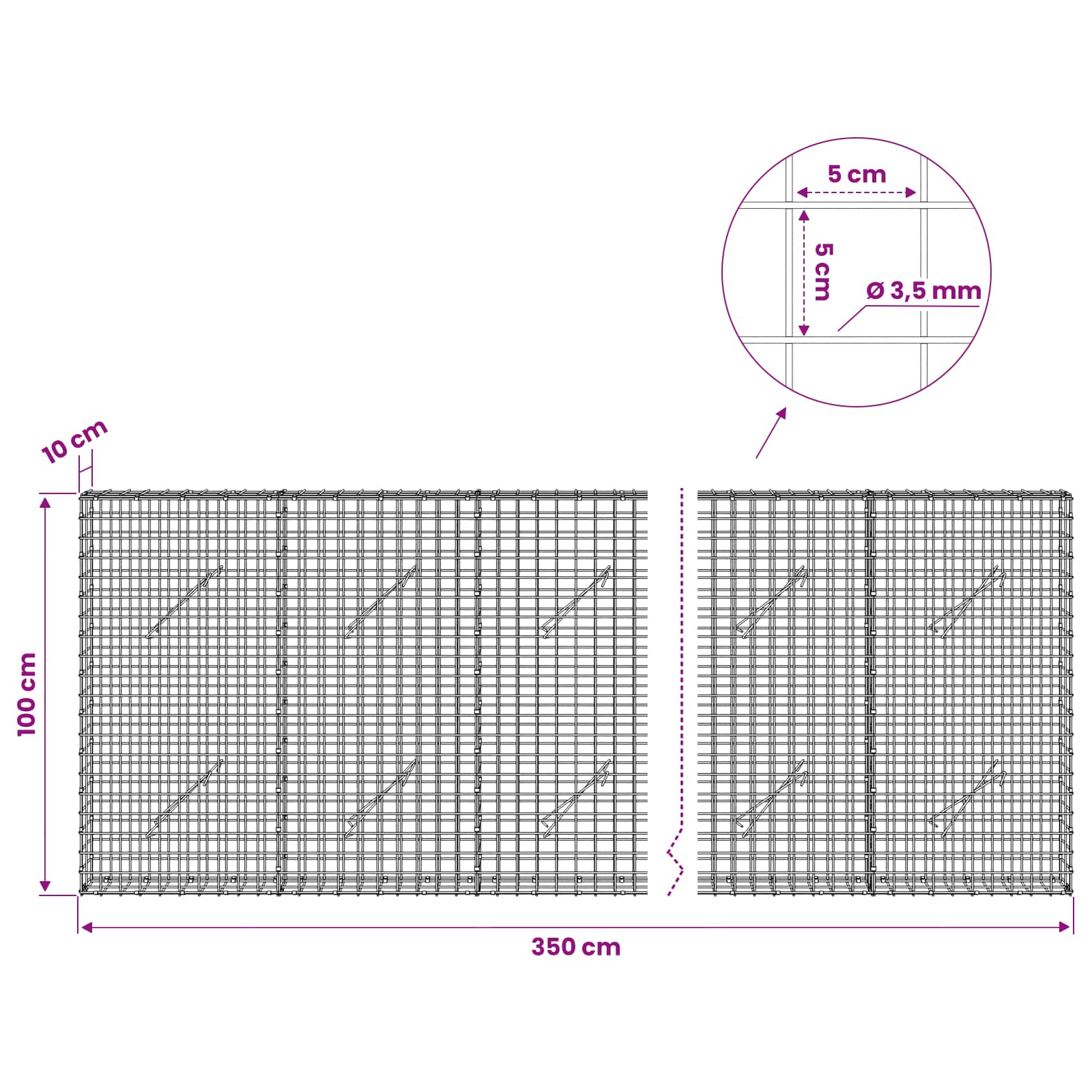 Gabion z žico 3,5 mm in mrežo 5x5 cm 350x10x100 cm