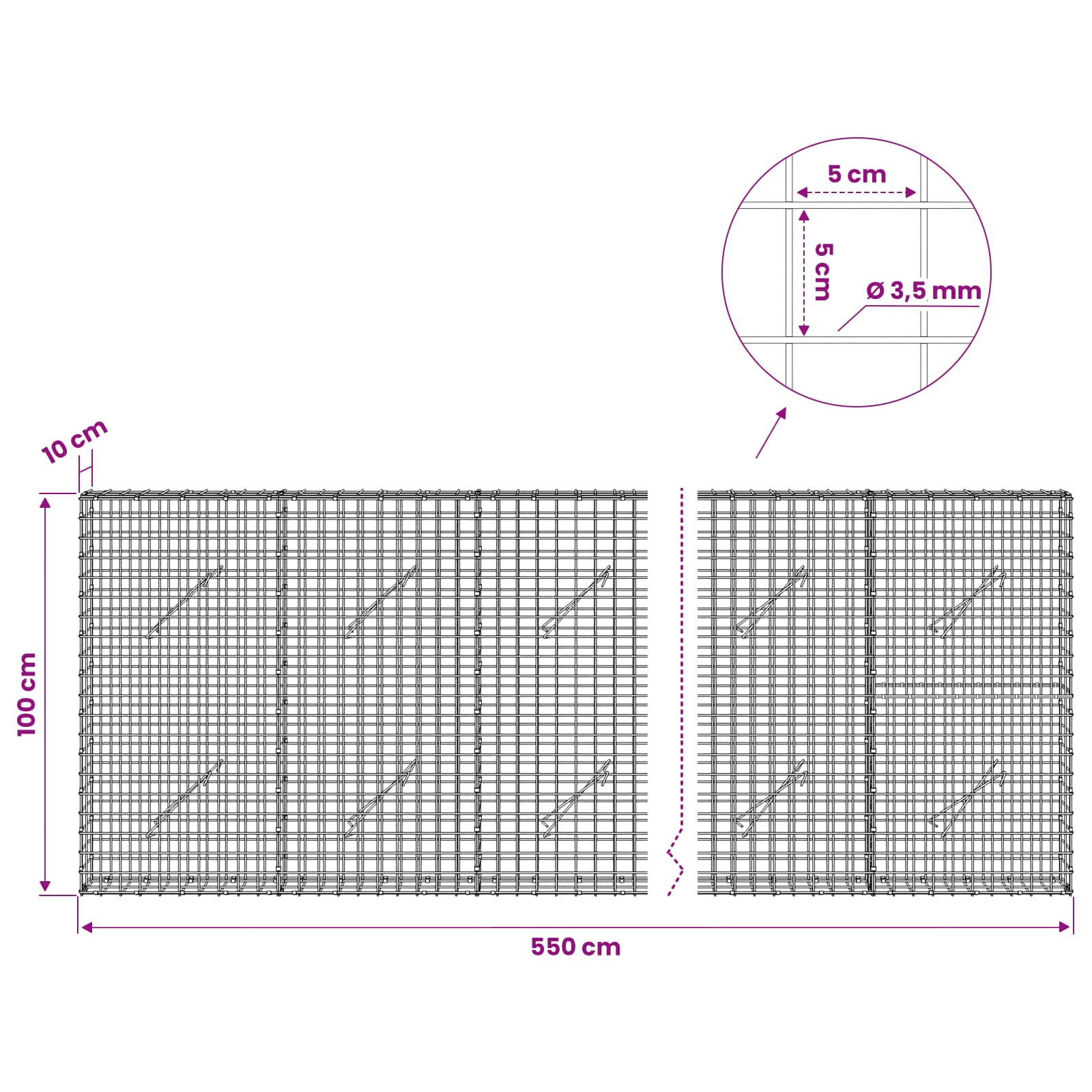 Gabion z žico 3,5 mm in mrežo 5x5 cm 550x10x100 cm