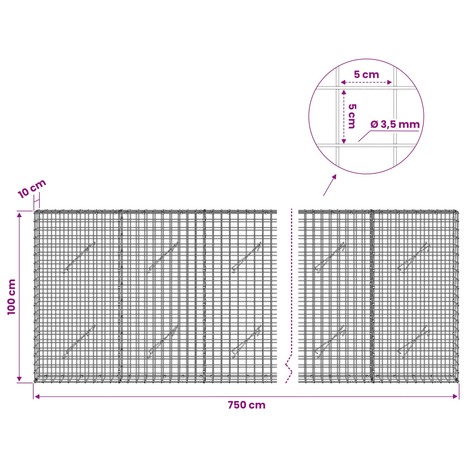Gabion z žico 3,5 mm in mrežo 5x5 cm 750x10x100 cm