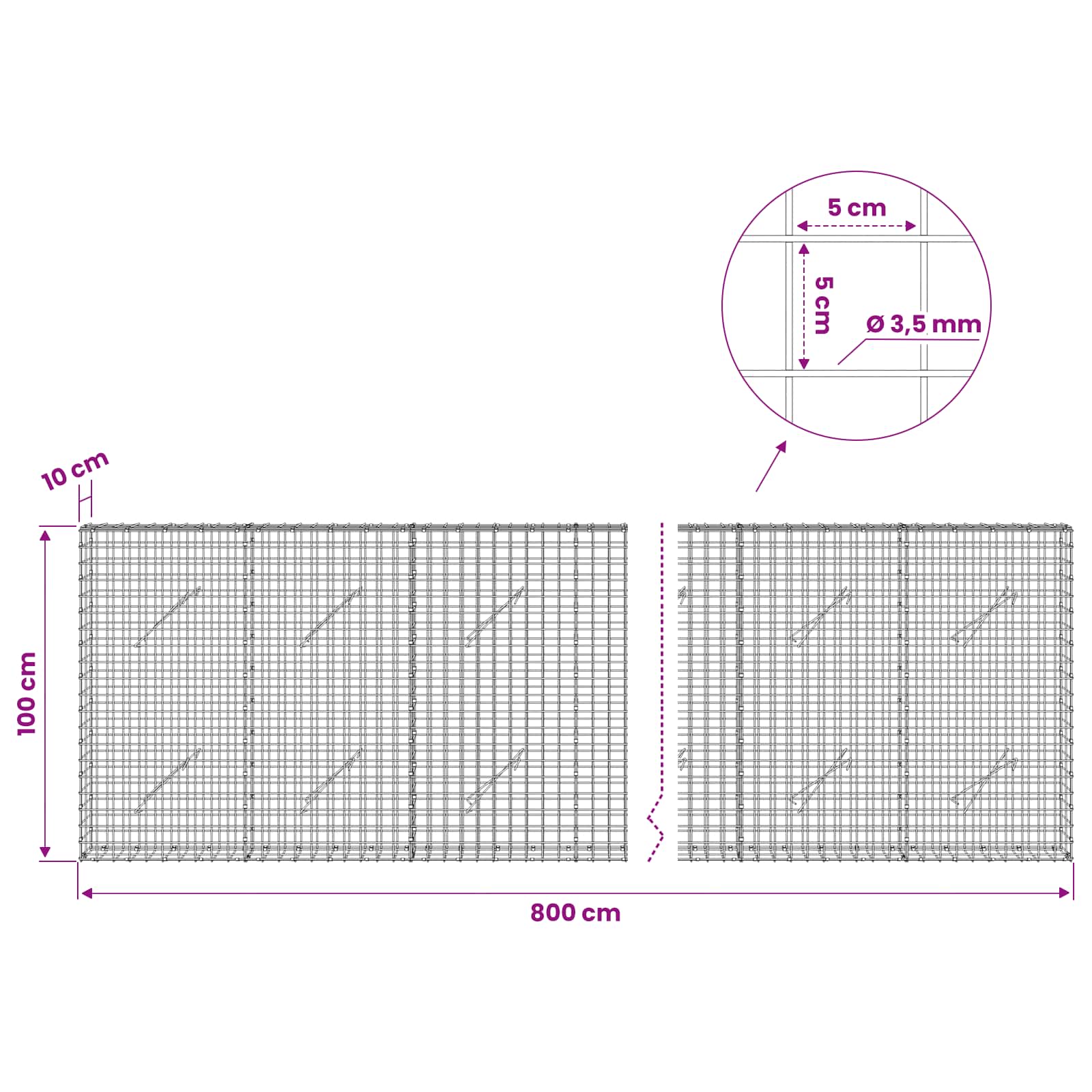 Gabion z žico 3,5 mm in mrežo 5x5 cm 800x10x100 cm