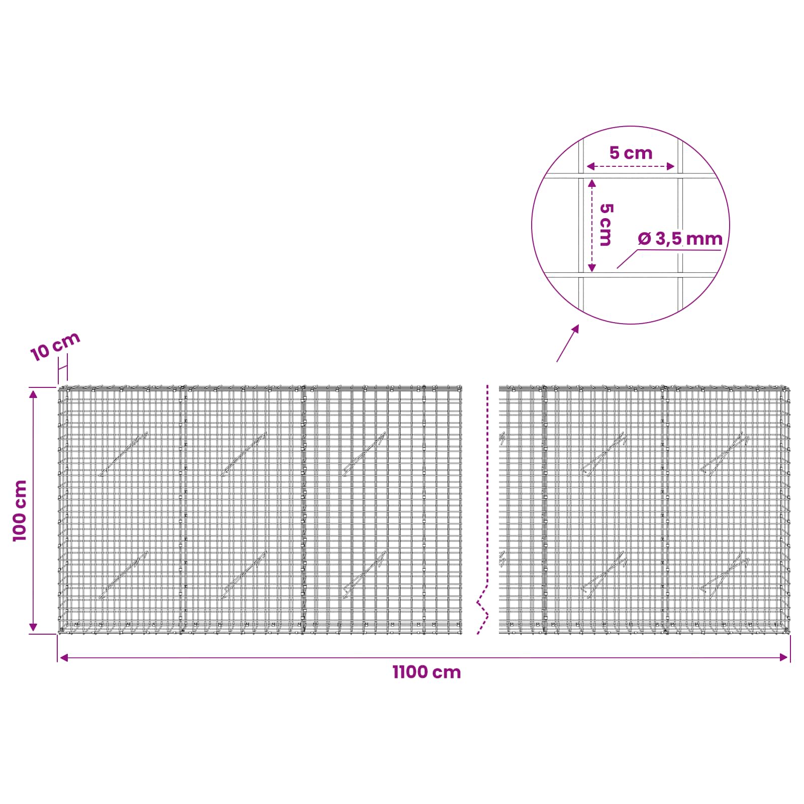 Gabion z žico 3,5 mm in mrežo 5x5 cm 1100x10x100 cm