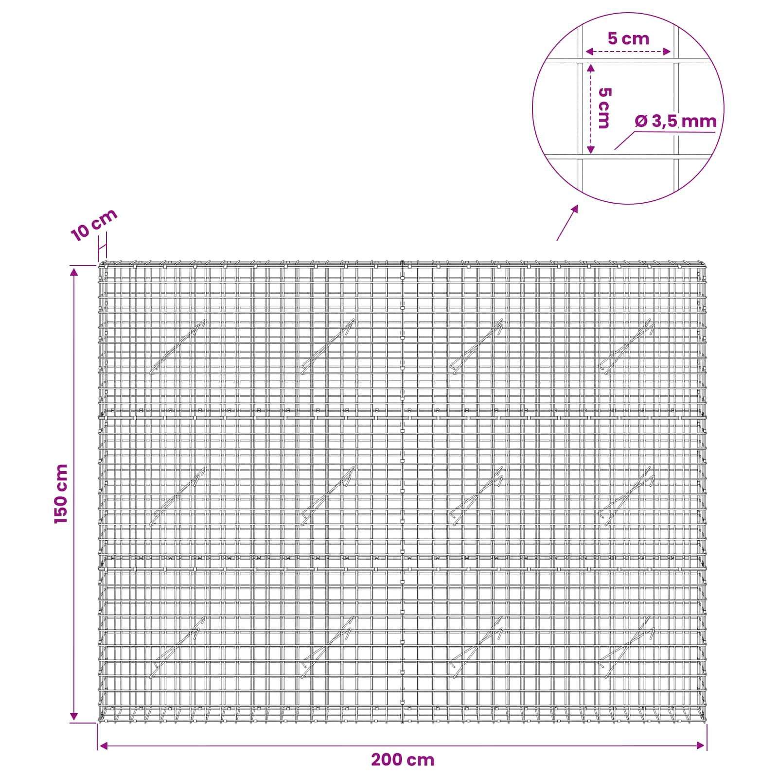 Gabion z žico 3,5 mm in mrežo 5x5 cm 200x10x150 cm