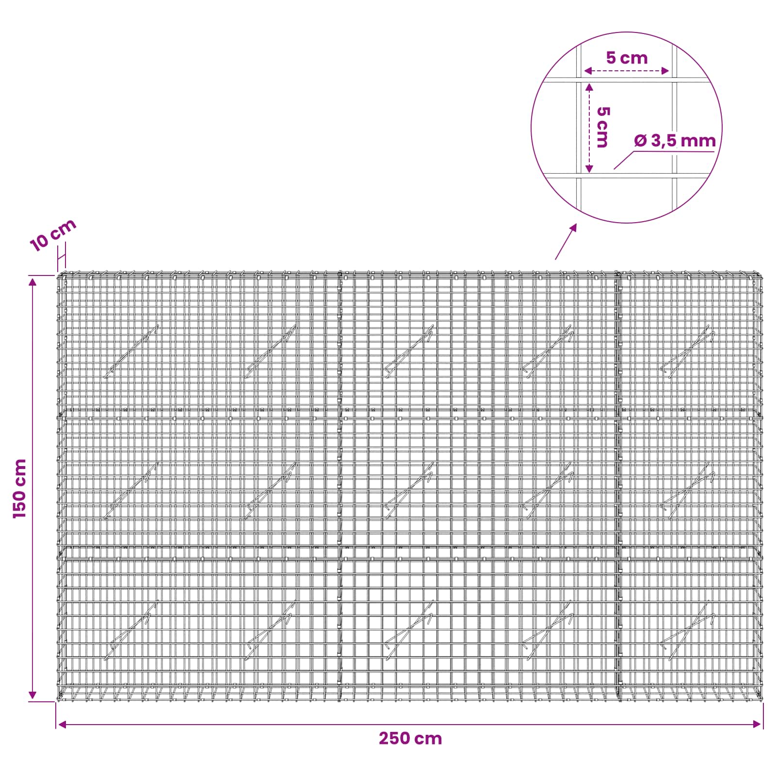 Gabion z žico 3,5 mm in mrežo 5x5 cm 250x10x150 cm