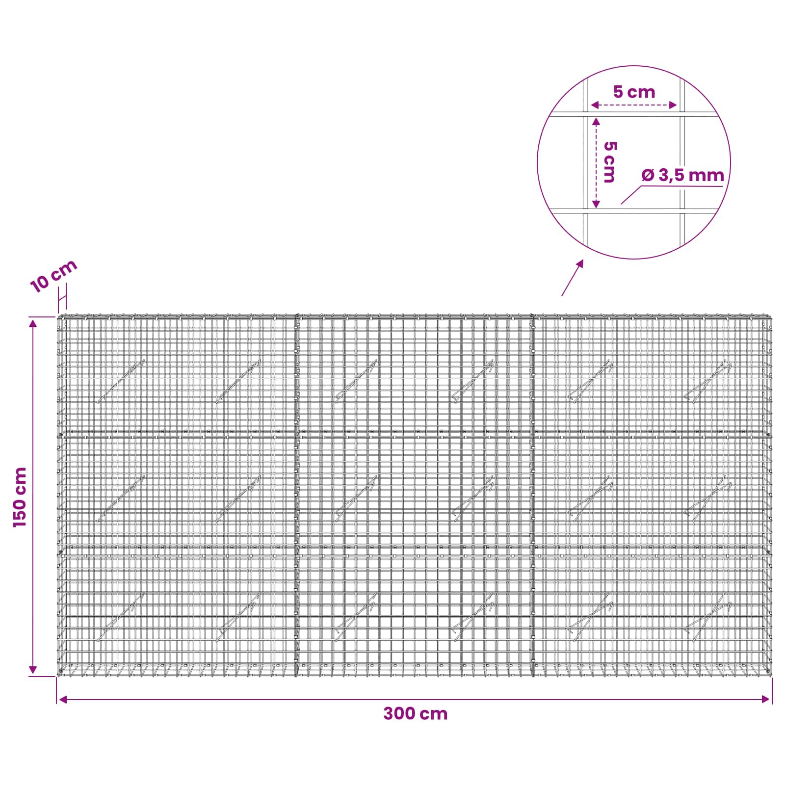 Gabion z žico 3,5 mm in mrežo 5x5 cm 300x10x150 cm
