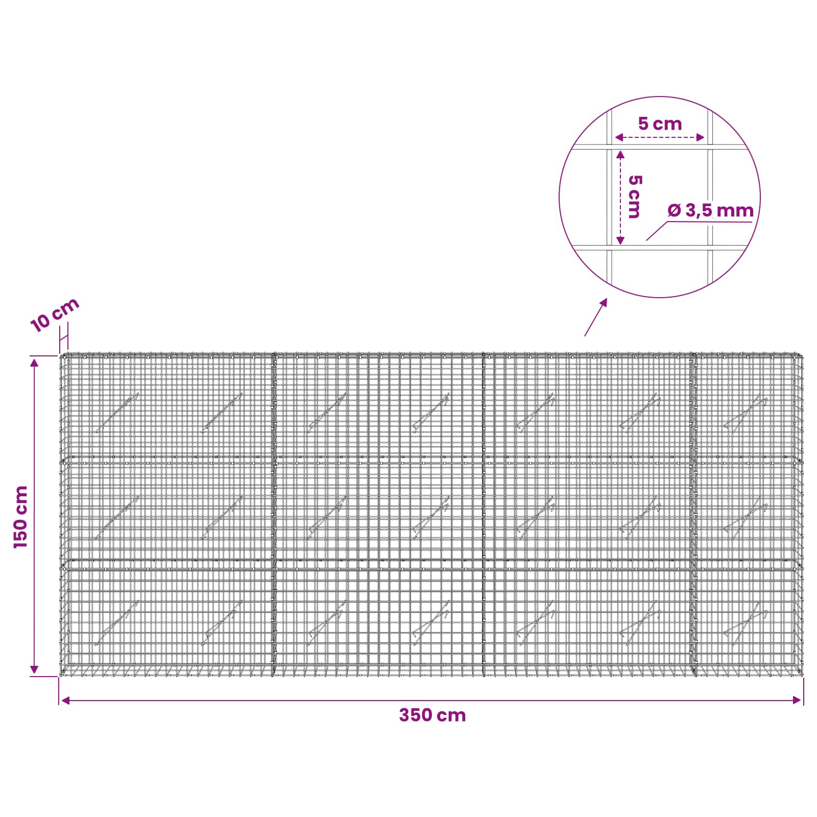 Gabion z žico 3,5 mm in mrežo 5x5 cm 350x10x150 cm