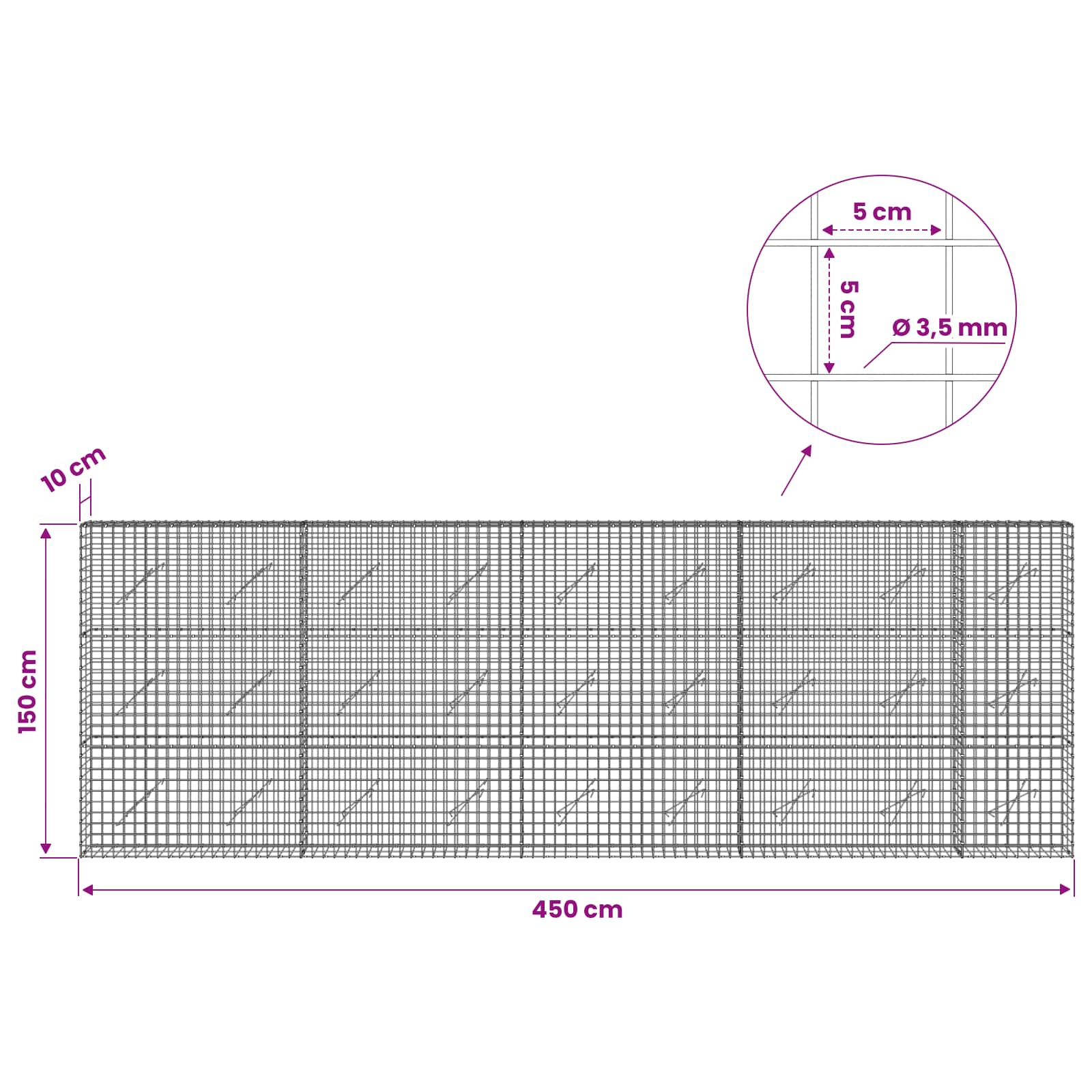 Gabion z žico 3,5 mm in mrežo 5x5 cm 450x10x150 cm