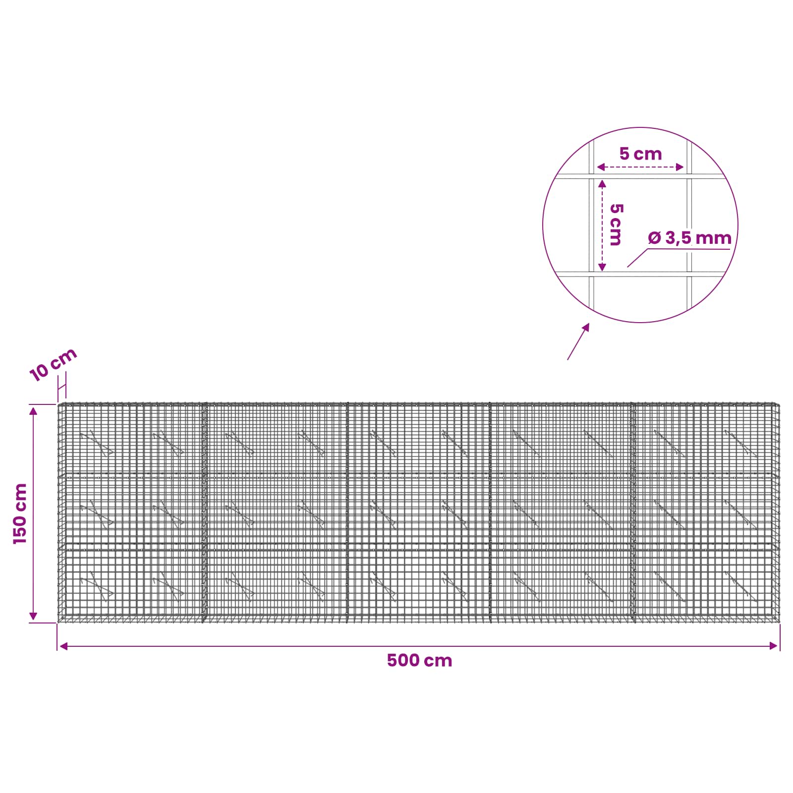 Gabion z žico 3,5 mm in mrežo 5x5 cm 500x10x150 cm