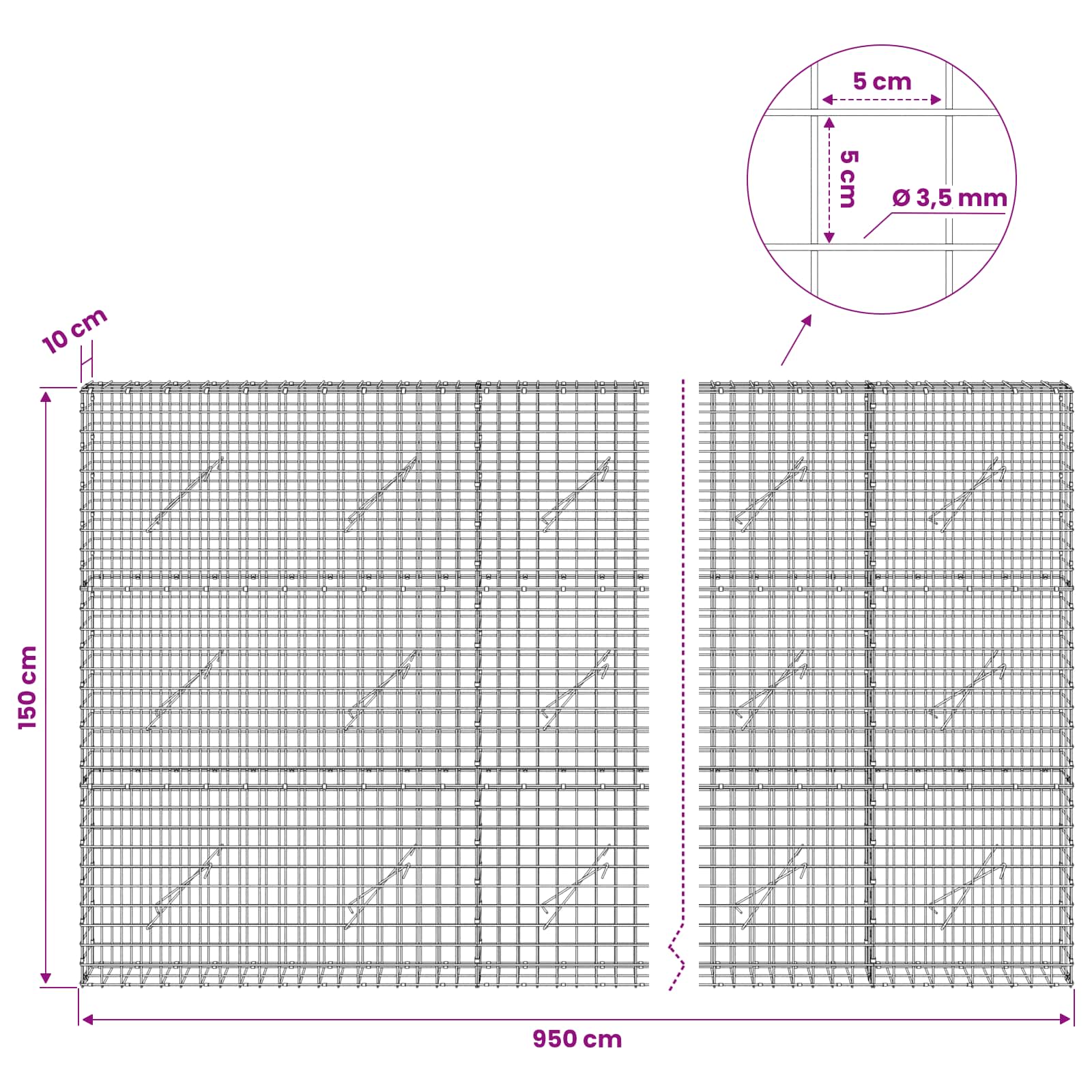 Gabion z žico 3,5 mm in mrežo 5x5 cm 950x10x150 cm