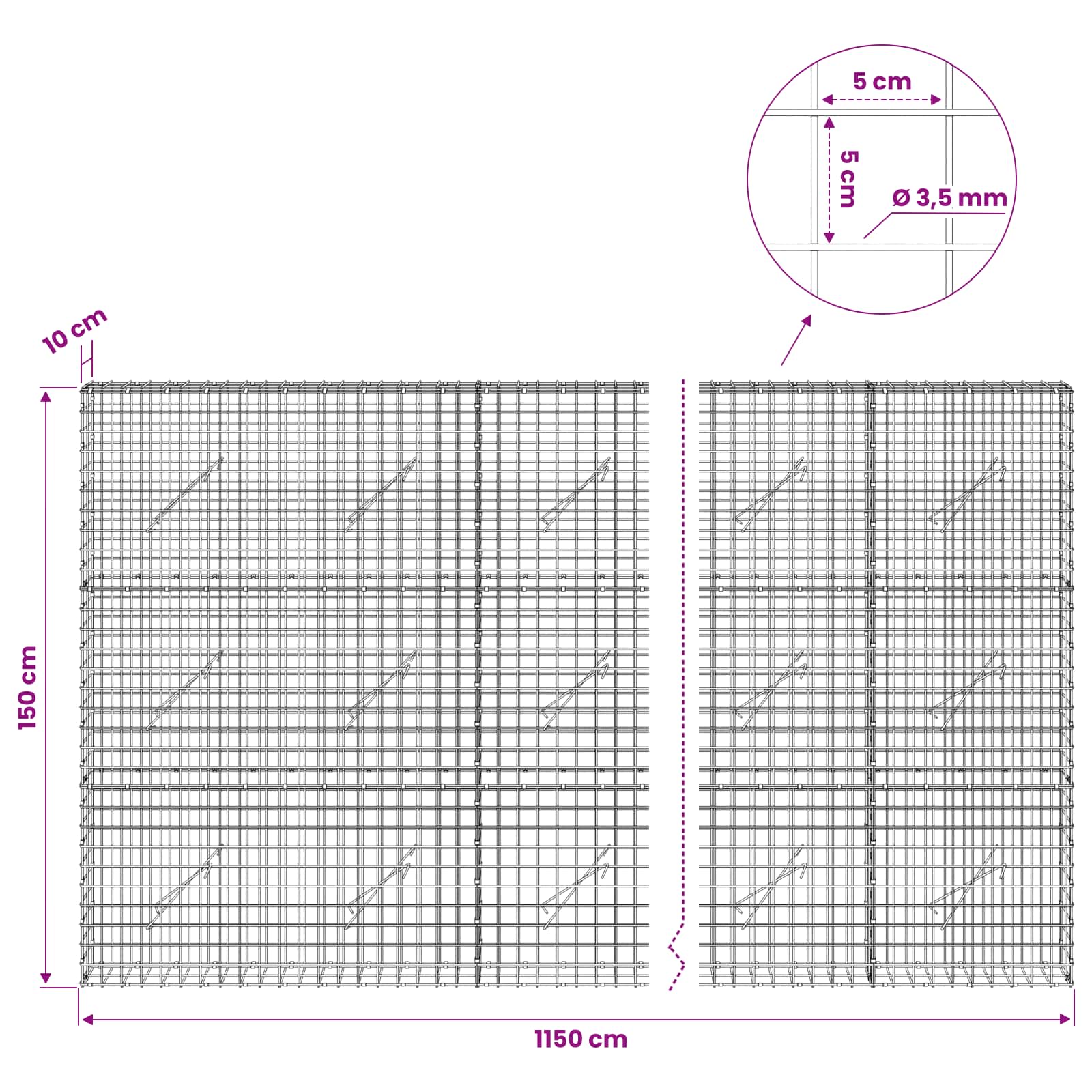 Gabion z žico 3,5 mm in mrežo 5x5 cm 1150x10x150 cm
