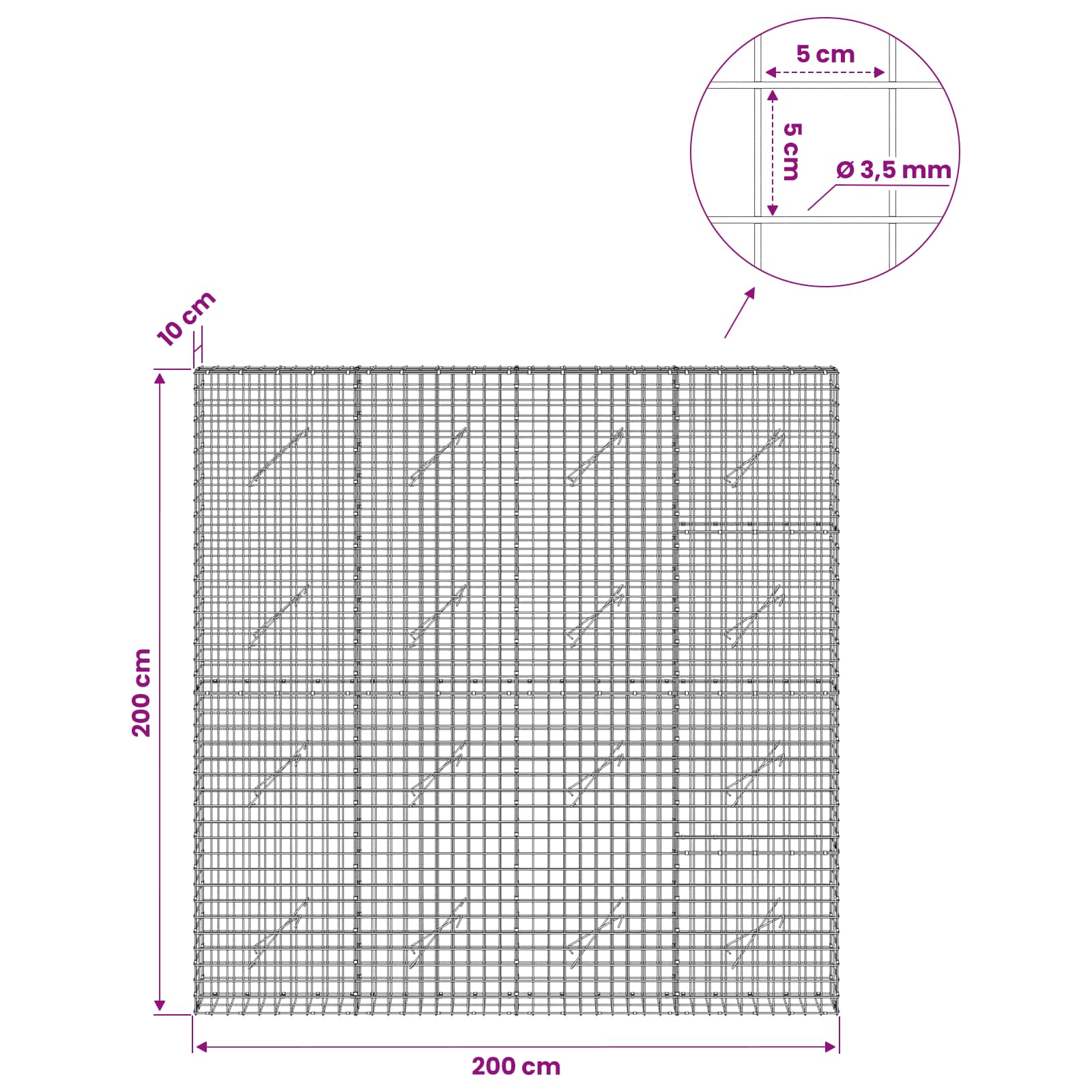 Gabion z žico 3,5 mm in mrežo 5x5 cm 200x10x200 cm