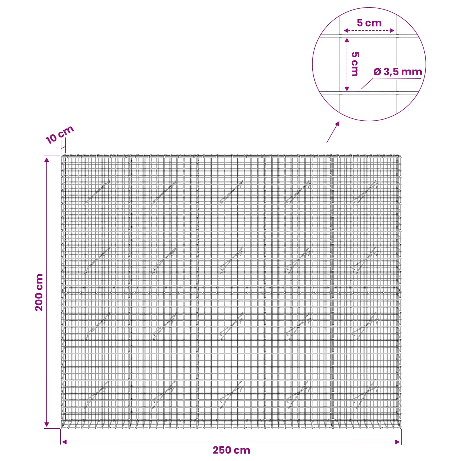 Gabion z žico 3,5 mm in mrežo 5x5 cm 250x10x200 cm