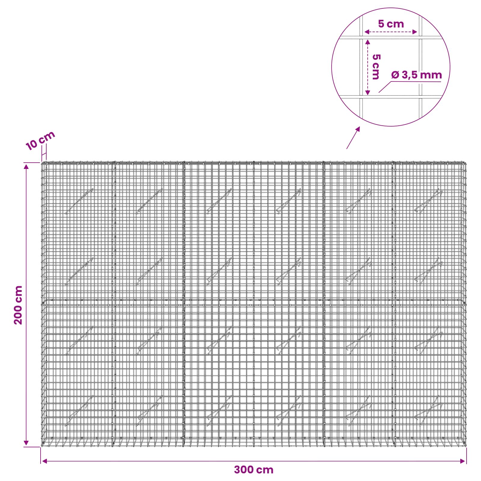 Gabion z žico 3,5 mm in mrežo 5x5 cm 300x10x200 cm