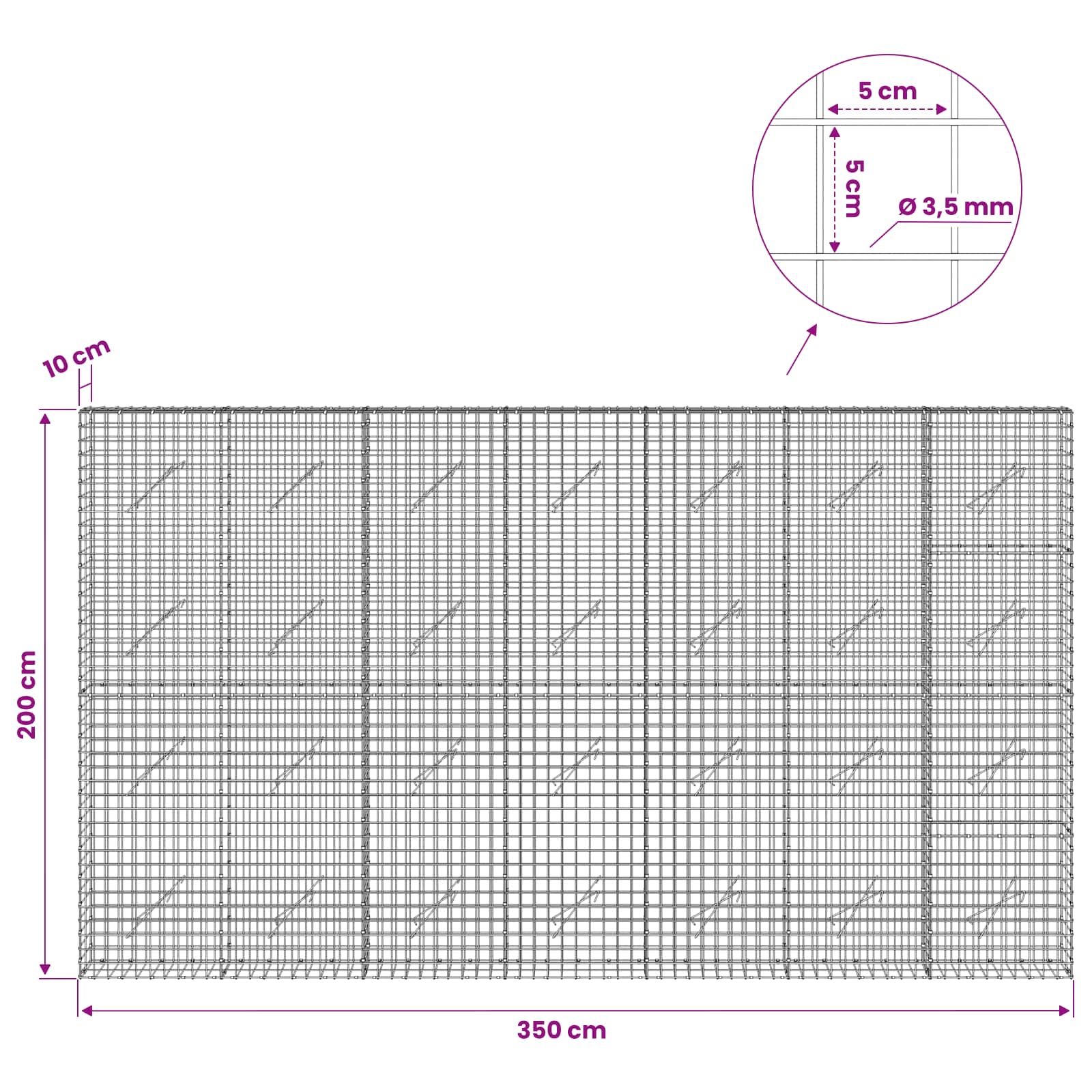 Gabion z žico 3,5 mm in mrežo 5x5 cm 350x10x200 cm