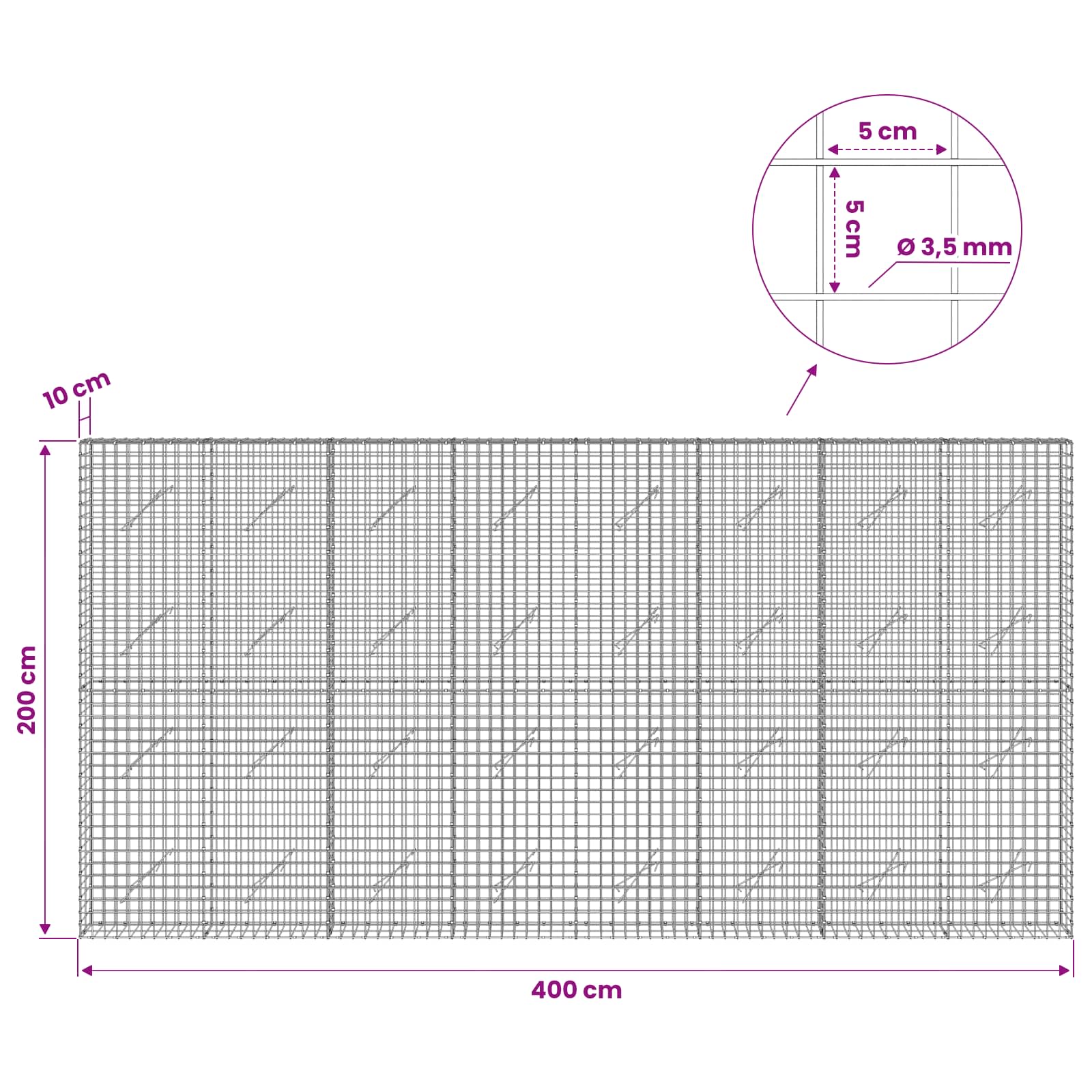 Gabion z žico 3,5 mm in mrežo 5x5 cm 400x10x200 cm