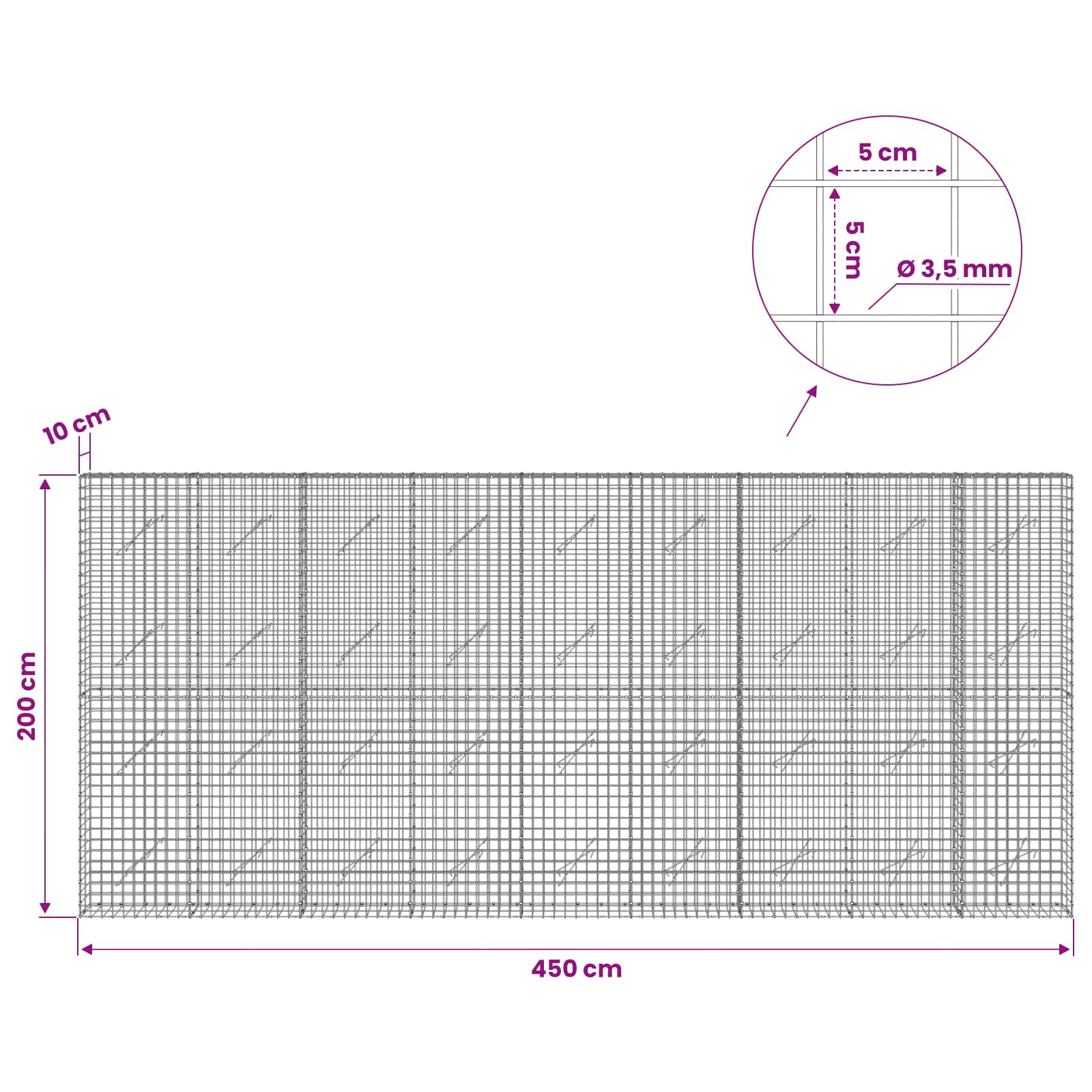 Gabion z žico 3,5 mm in mrežo 5x5 cm 450x10x200 cm
