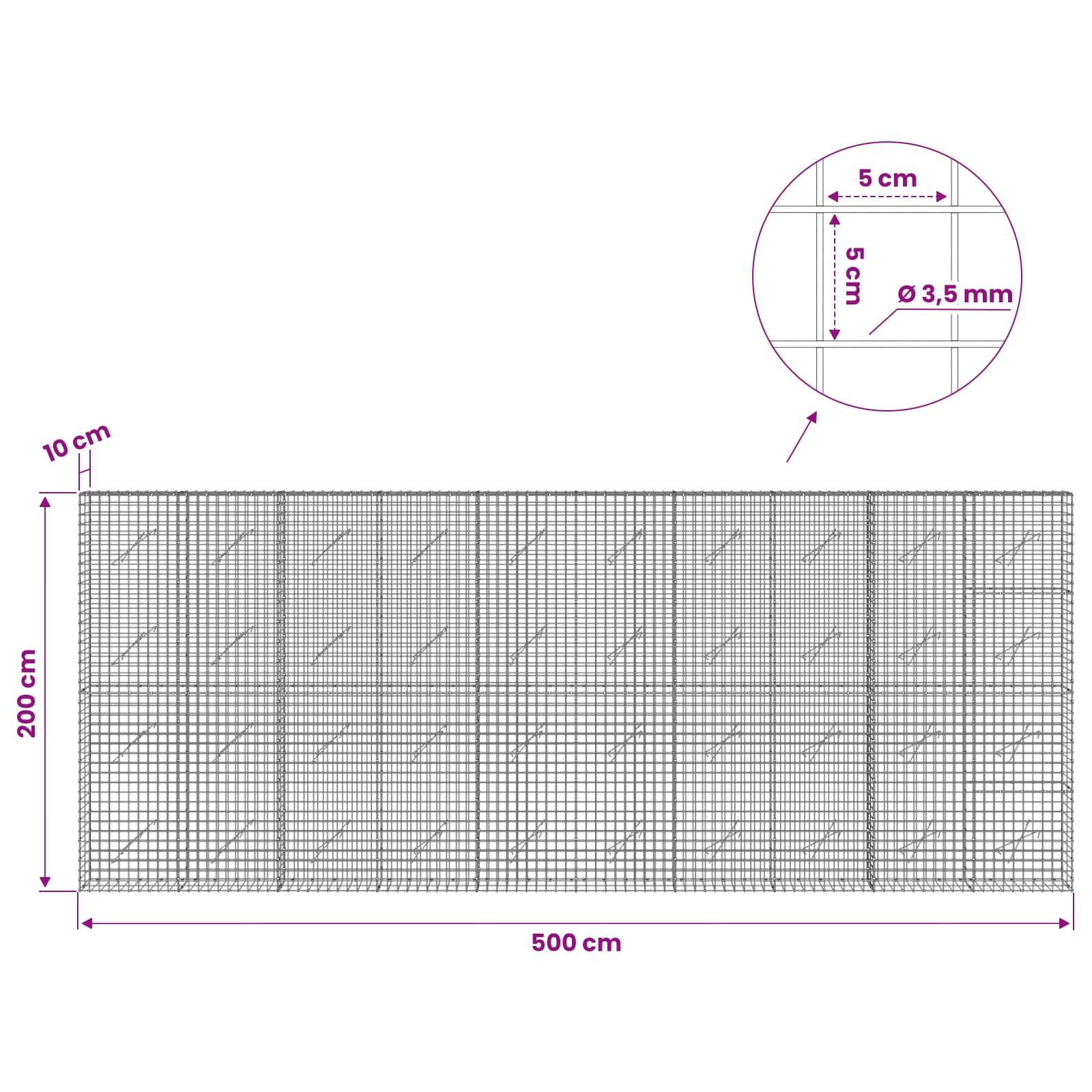 Gabion z žico 3,5 mm in mrežo 5x5 cm 500x10x200 cm