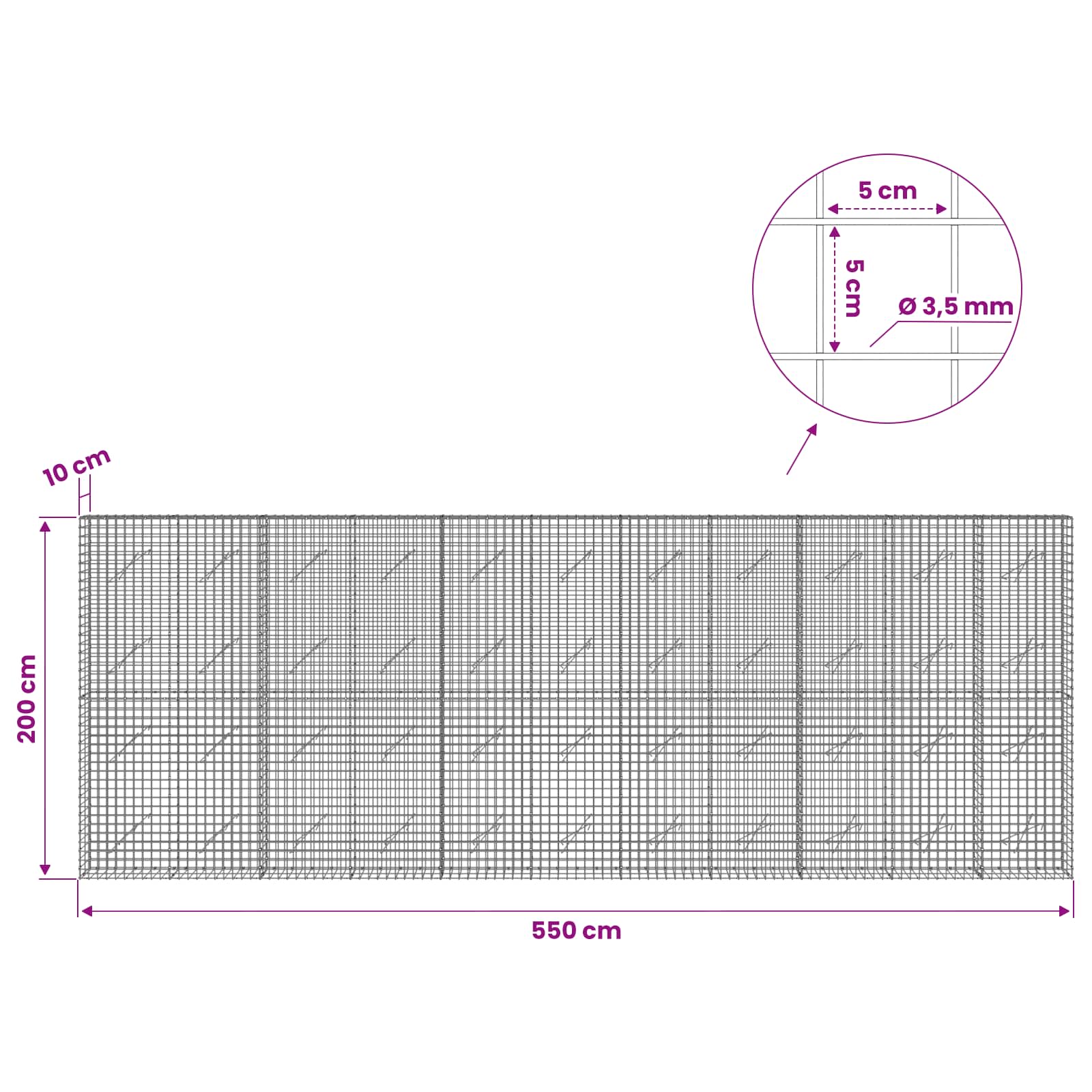 Gabion z žico 3,5 mm in mrežo 5x5 cm 550x10x200 cm
