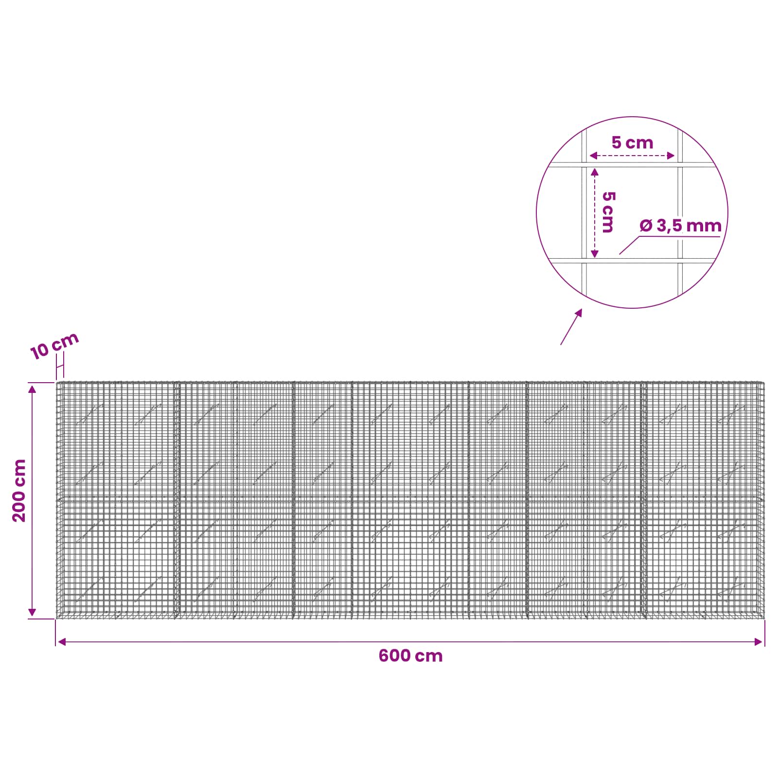 Gabion z žico 3,5 mm in mrežo 5x5 cm 600x10x200 cm