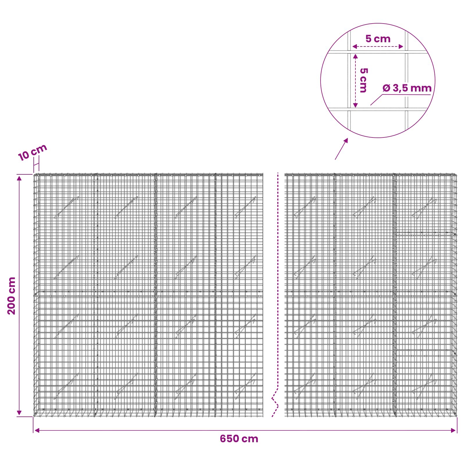 Gabion z žico 3,5 mm in mrežo 5x5 cm 650x10x200 cm