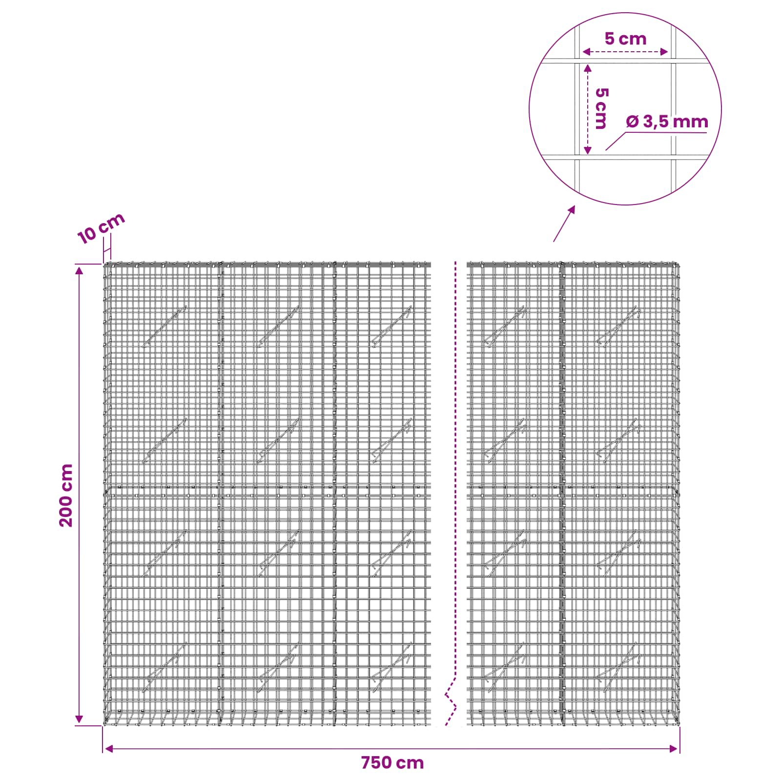 Gabion z žico 3,5 mm in mrežo 5x5 cm 750x10x200 cm