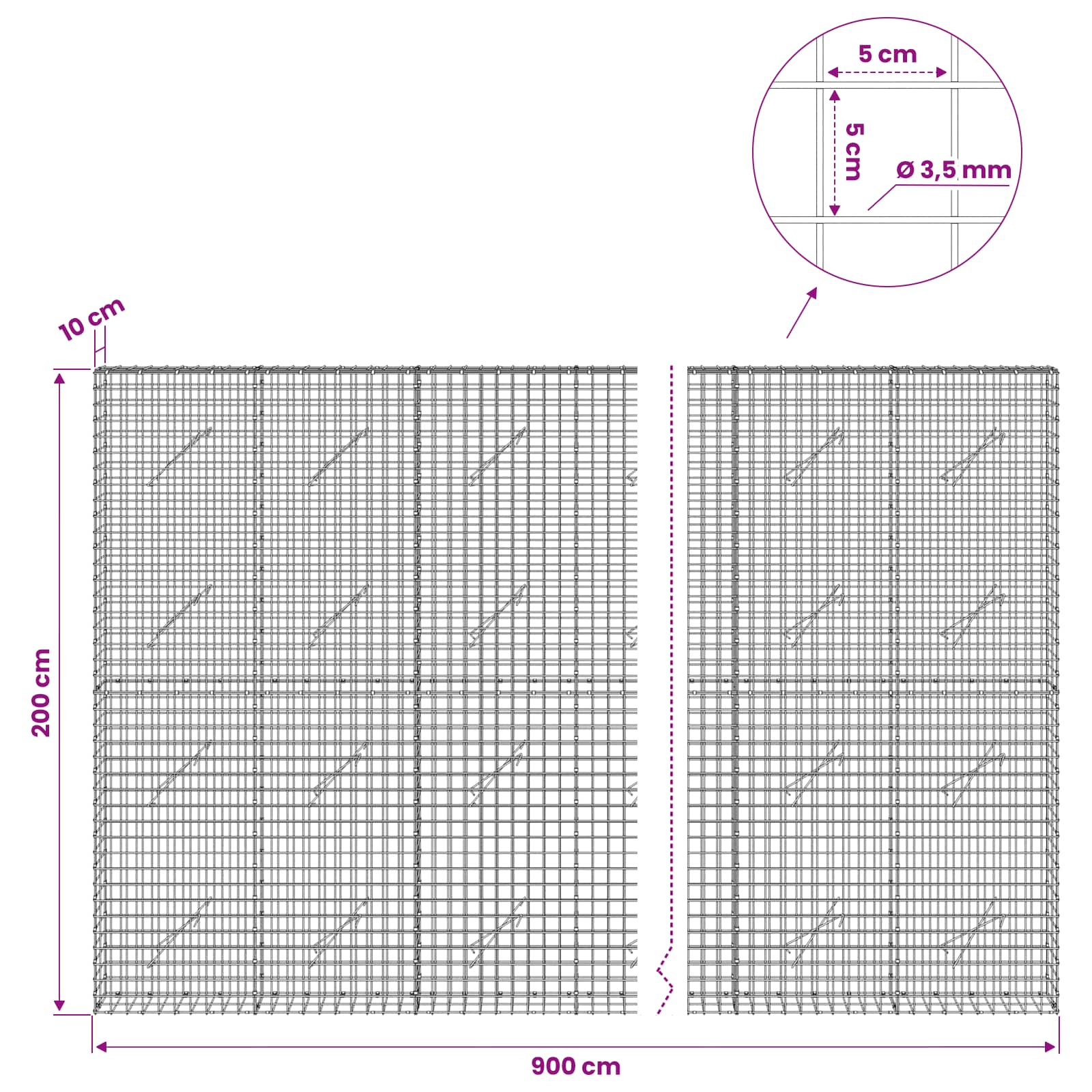 Gabion z žico 3,5 mm in mrežo 5x5 cm 900x10x200 cm