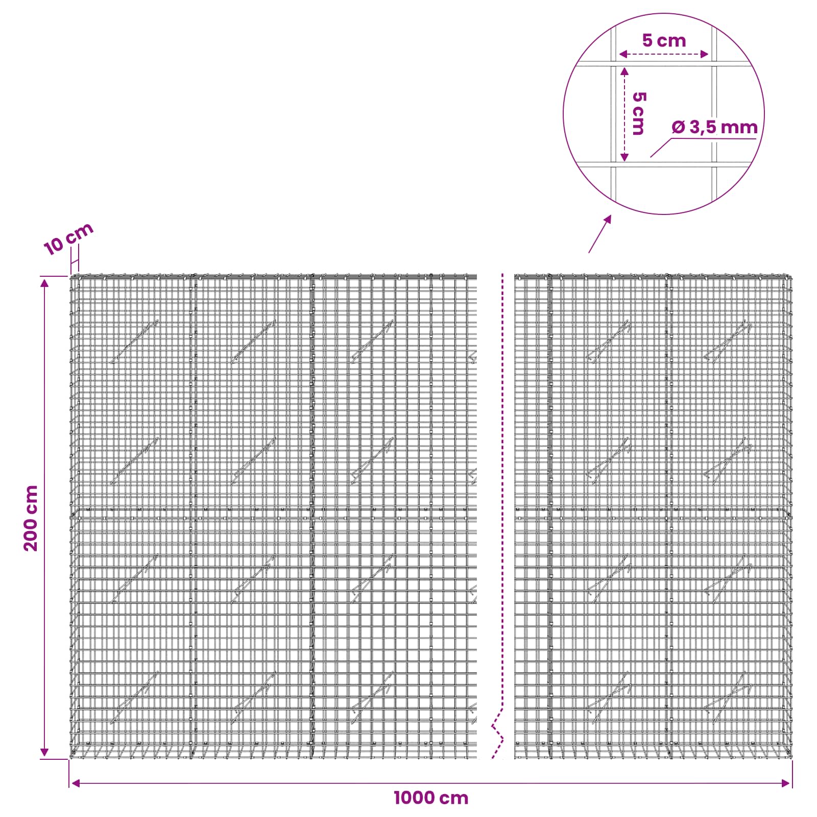 Gabion z žico 3,5 mm in mrežo 5x5 cm 1000x10x200 cm