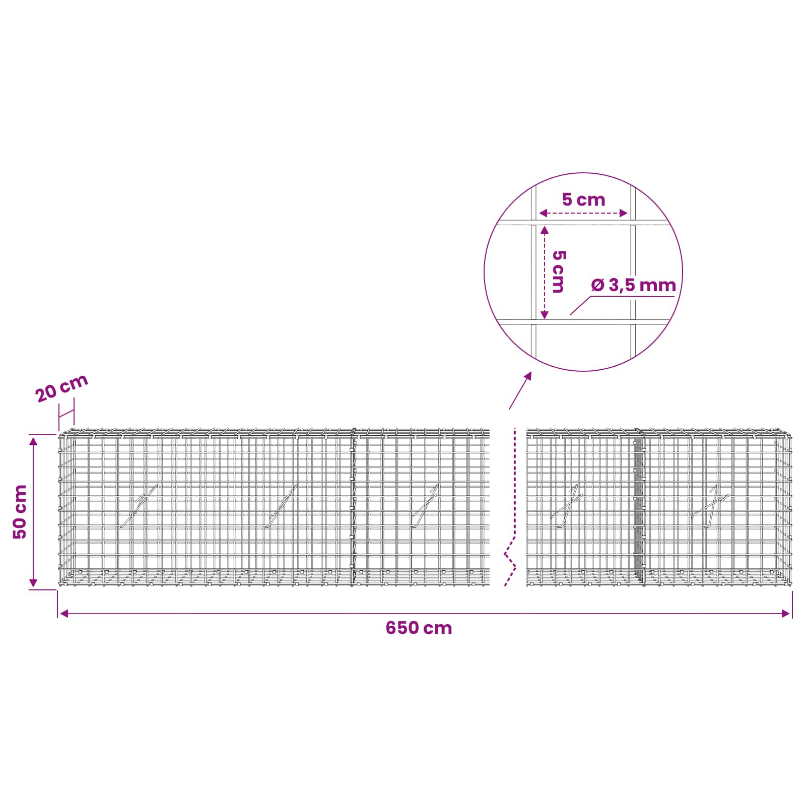 Gabion z žico 3,5 mm in mrežo 5x5 cm 650x20x50 cm
