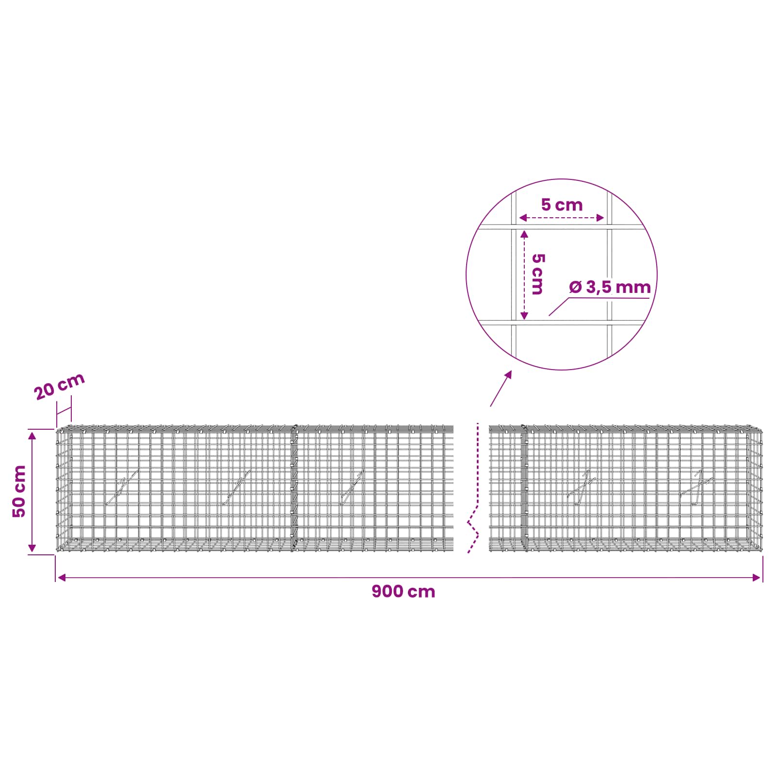 Gabion z žico 3,5 mm in mrežo 5x5 cm 900x20x50 cm