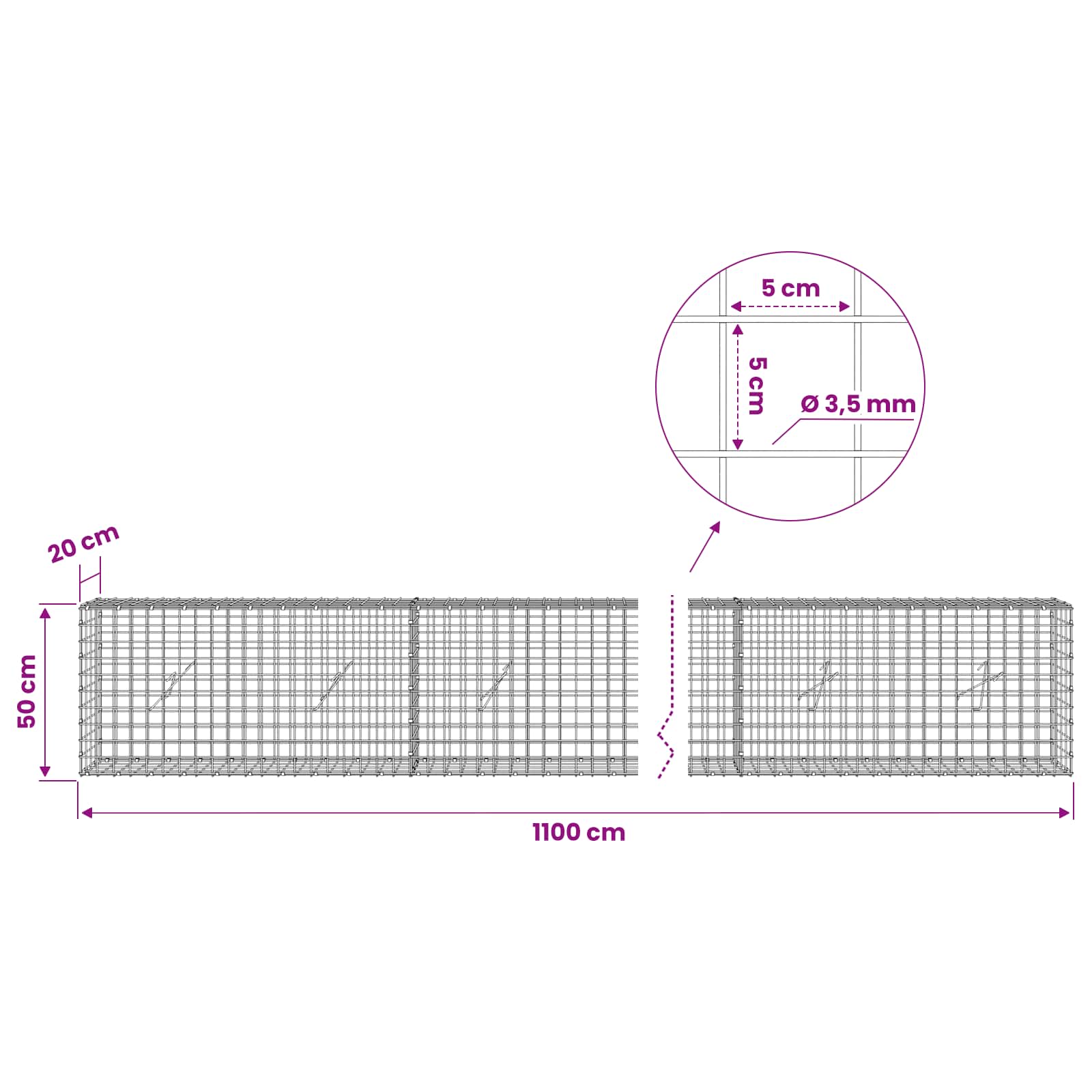 Gabion z žico 3,5 mm in mrežo 5x5 cm 1100x20x50 cm