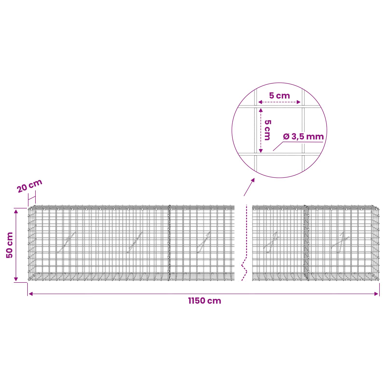 Gabion z žico 3,5 mm in mrežo 5x5 cm 1150x20x50 cm