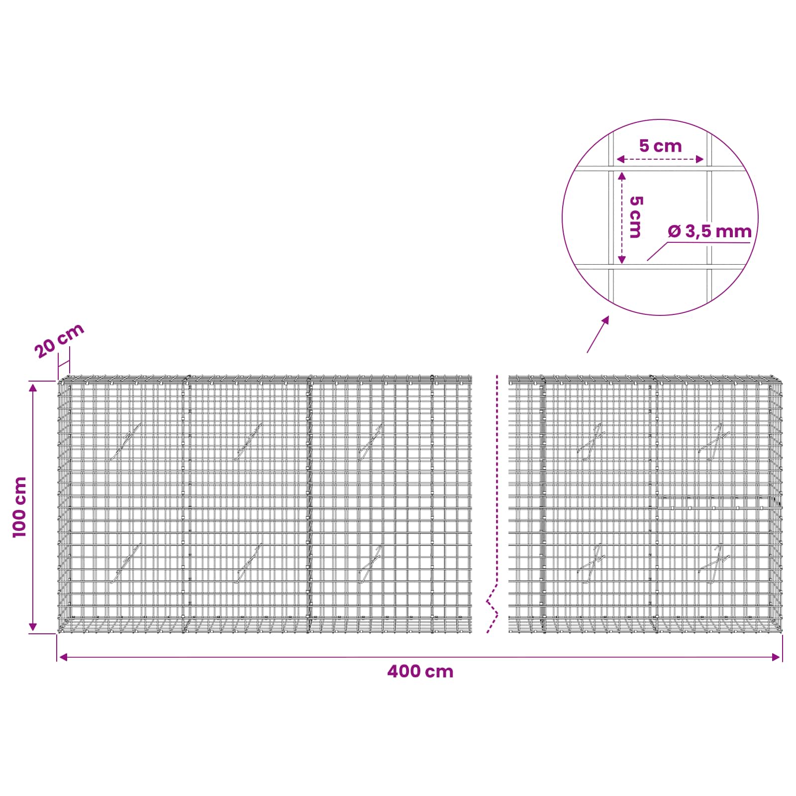 Gabion z žico 3,5 mm in mrežo 5x5 cm 400x20x100 cm