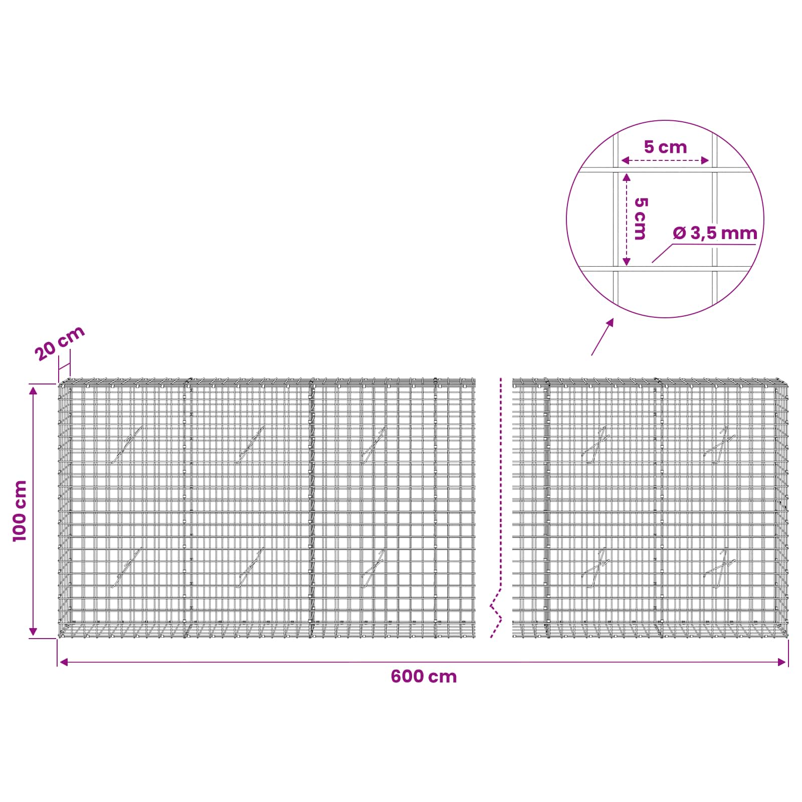 Gabion z žico 3,5 mm in mrežo 5x5 cm 600x20x100 cm