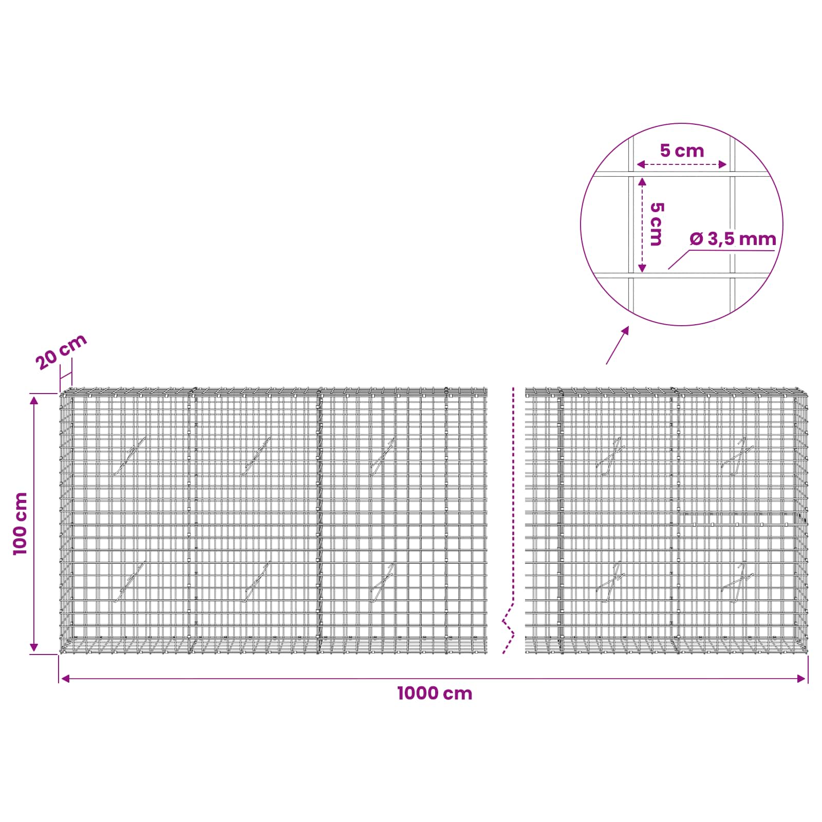 Gabion z žico 3,5 mm in mrežo 5x5 cm 1000x20x100 cm